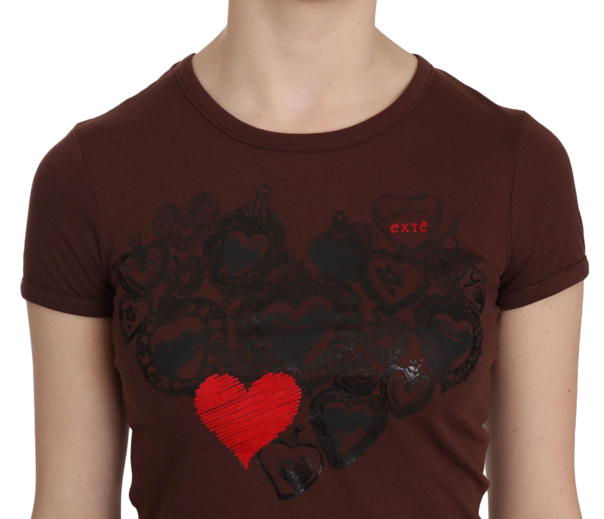 T-shirt ras du cou à imprimé cœurs marron Exte, manches courtes