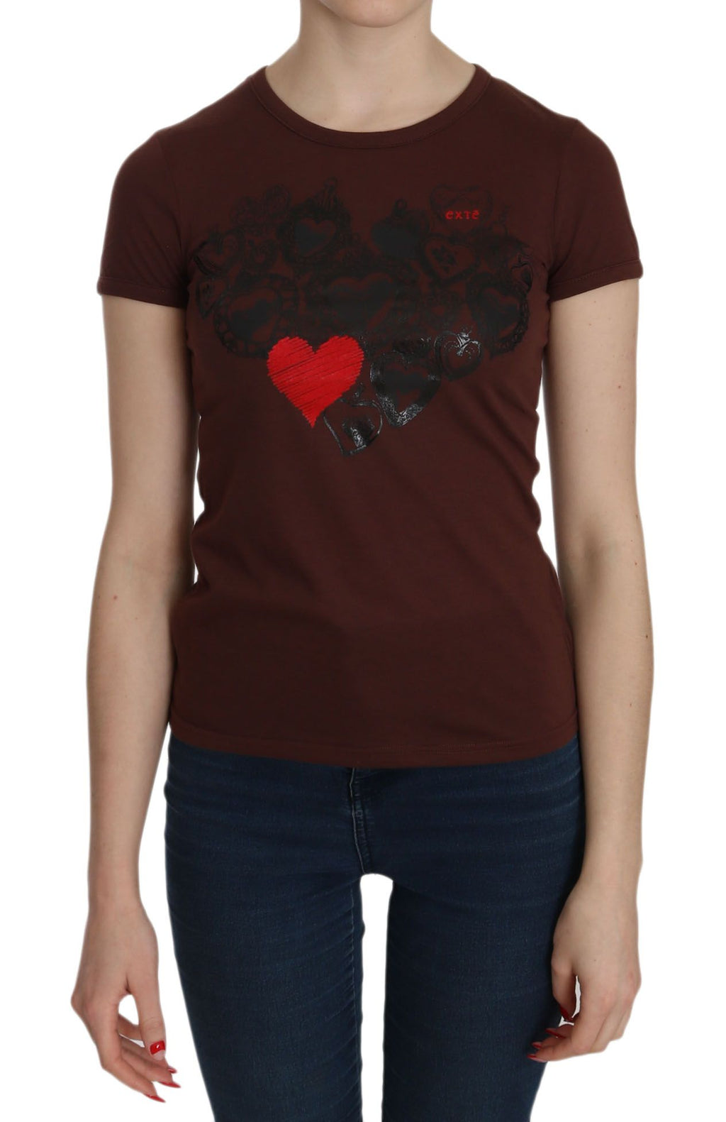 T-shirt ras du cou à imprimé cœurs marron Exte, manches courtes
