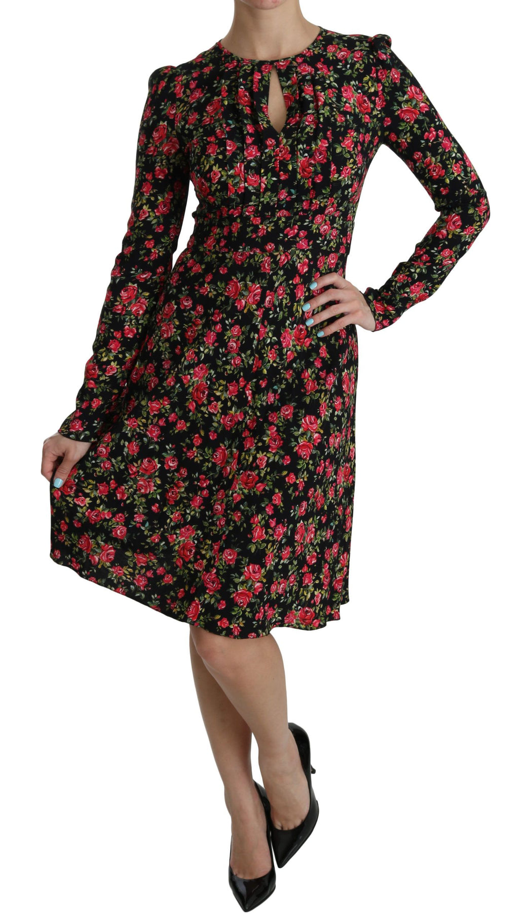 Robe longue à manches longues et motif floral noir Dolce & Gabbana