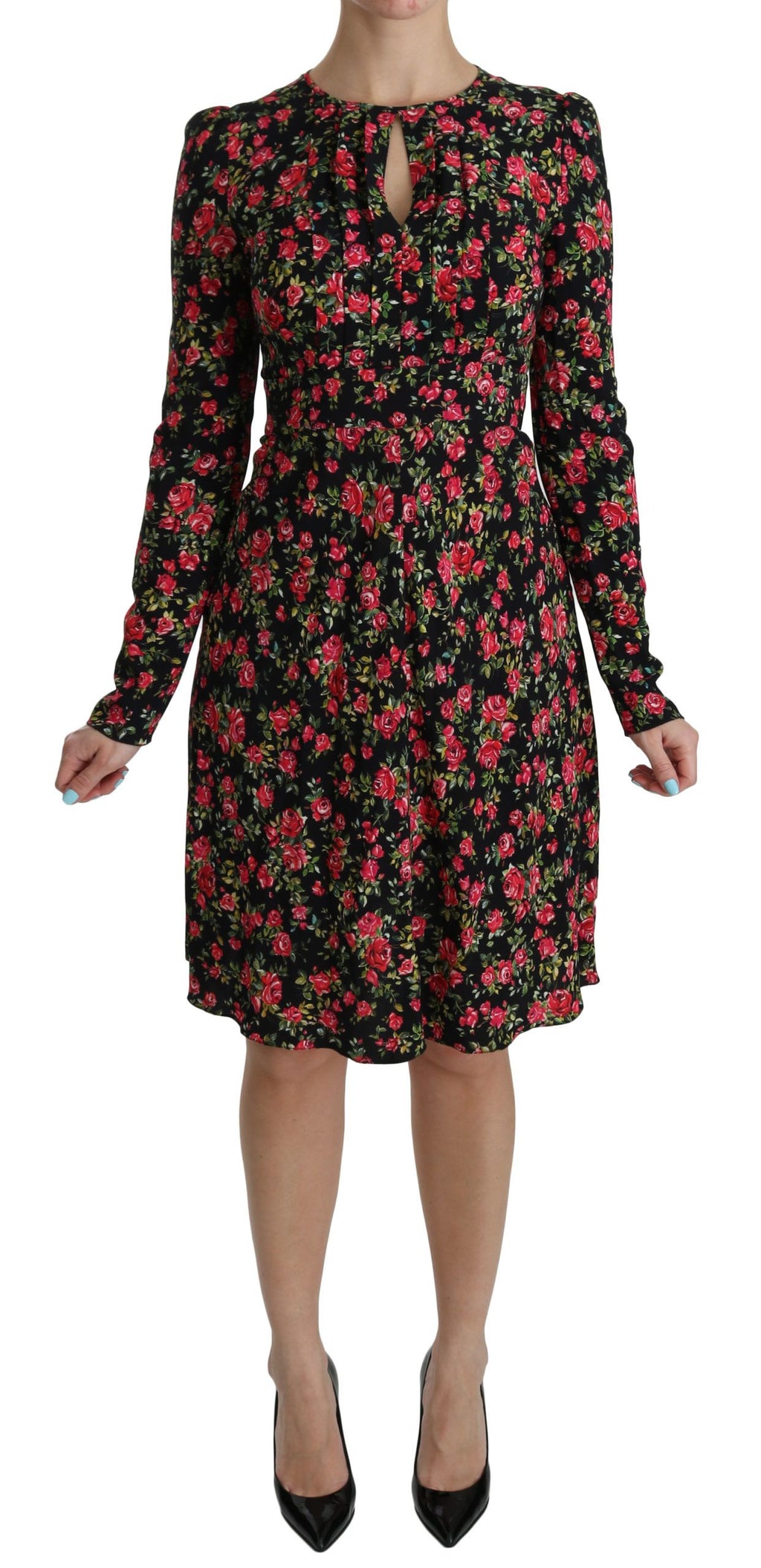 Robe longue à manches longues et motif floral noir Dolce & Gabbana