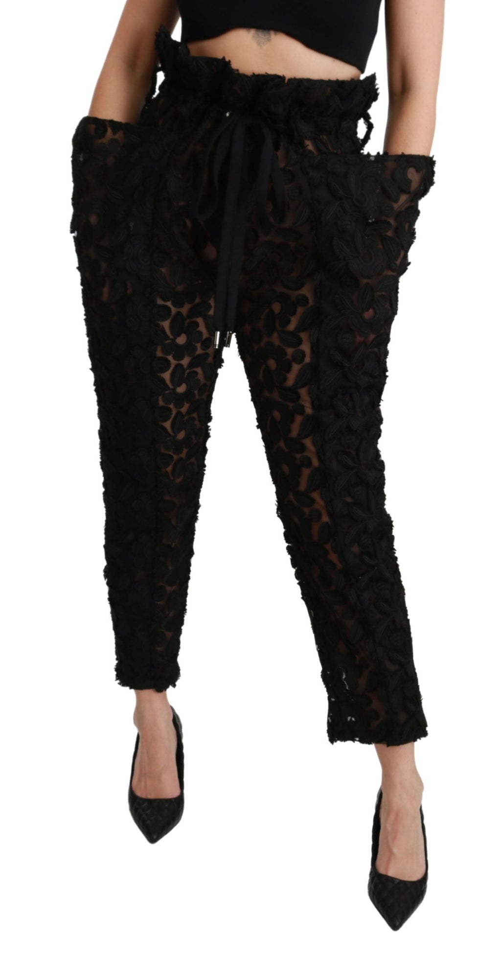 Pantalon fuselé taille haute en dentelle florale noire Dolce & Gabbana