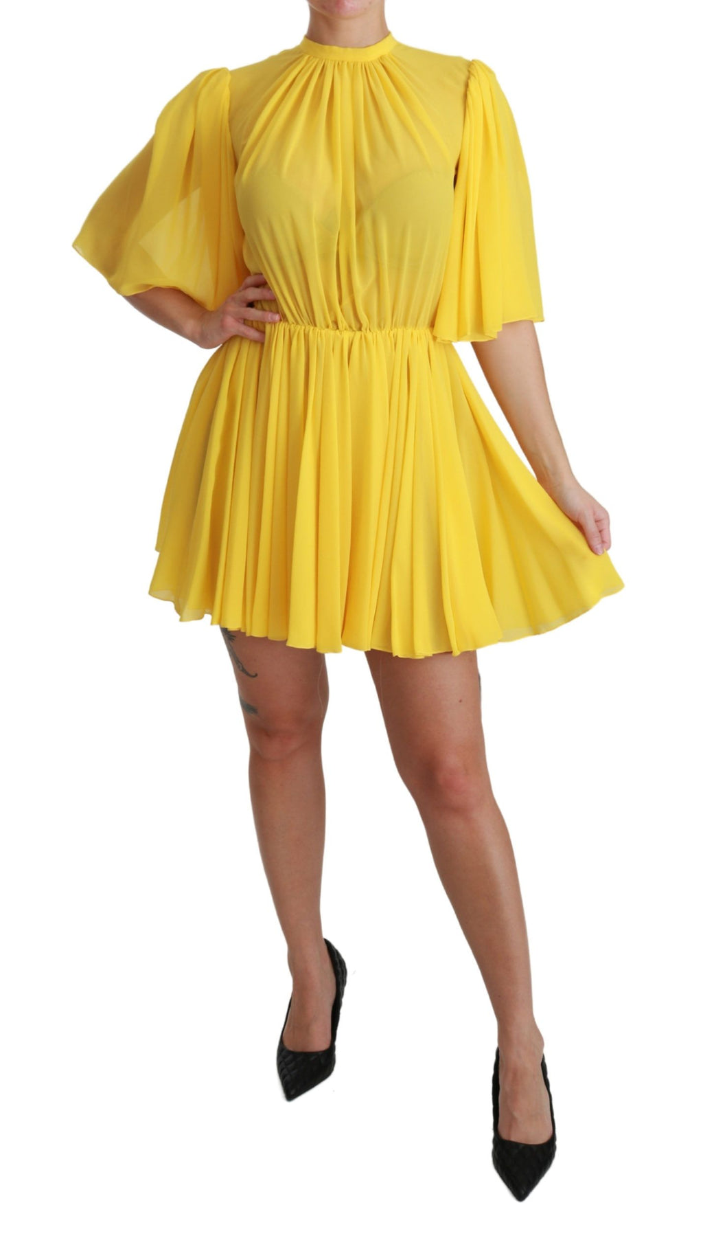 Mini-robe plissée évasée jaune 100 % soie Dolce & Gabbana