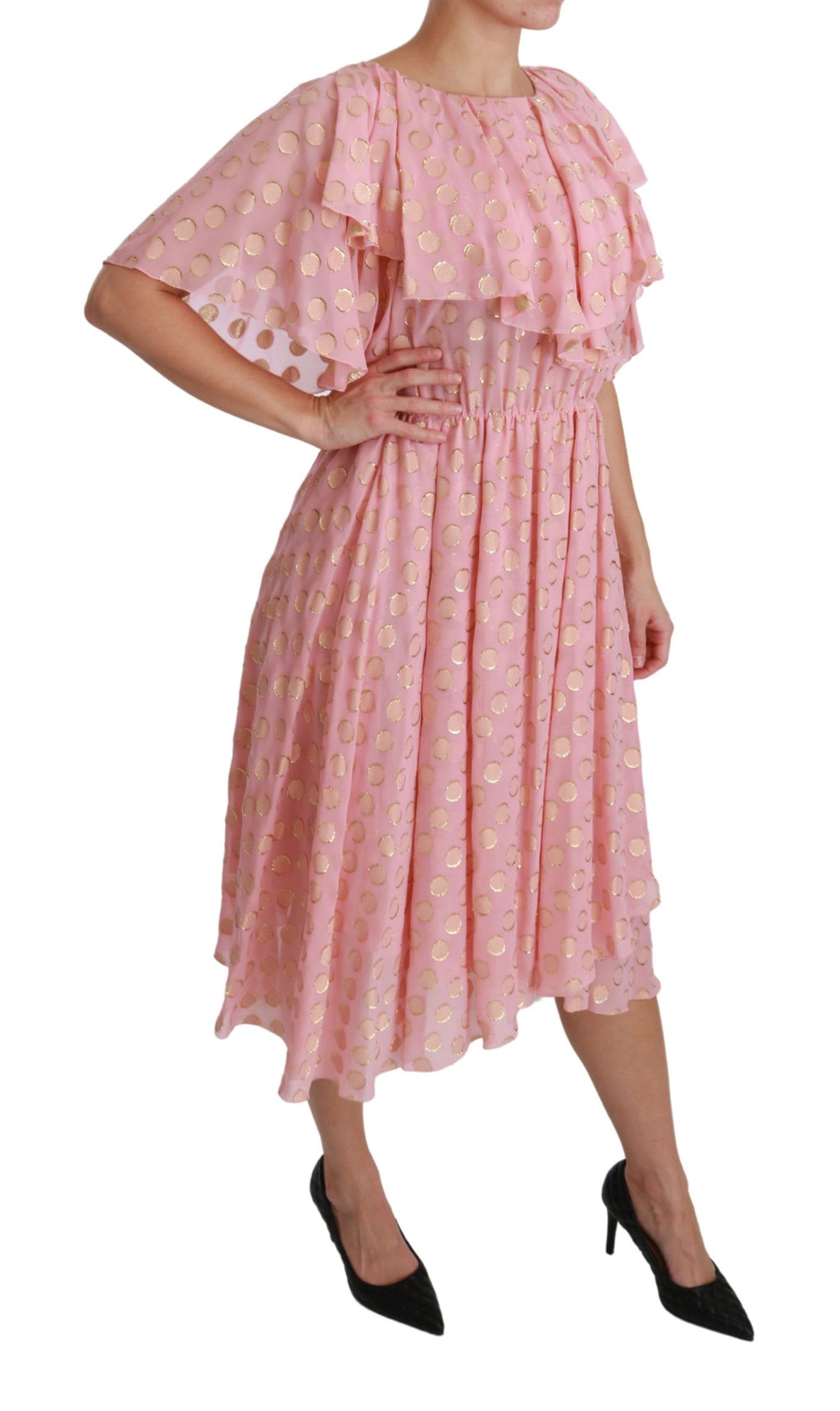 Robe Midi Plissée Évasée en Soie Rose à Pois Dolce & Gabbana