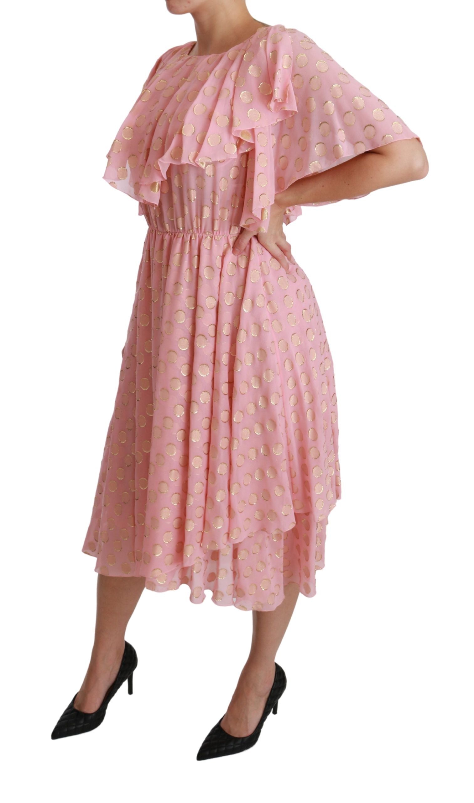 Robe Midi Plissée Évasée en Soie Rose à Pois Dolce & Gabbana