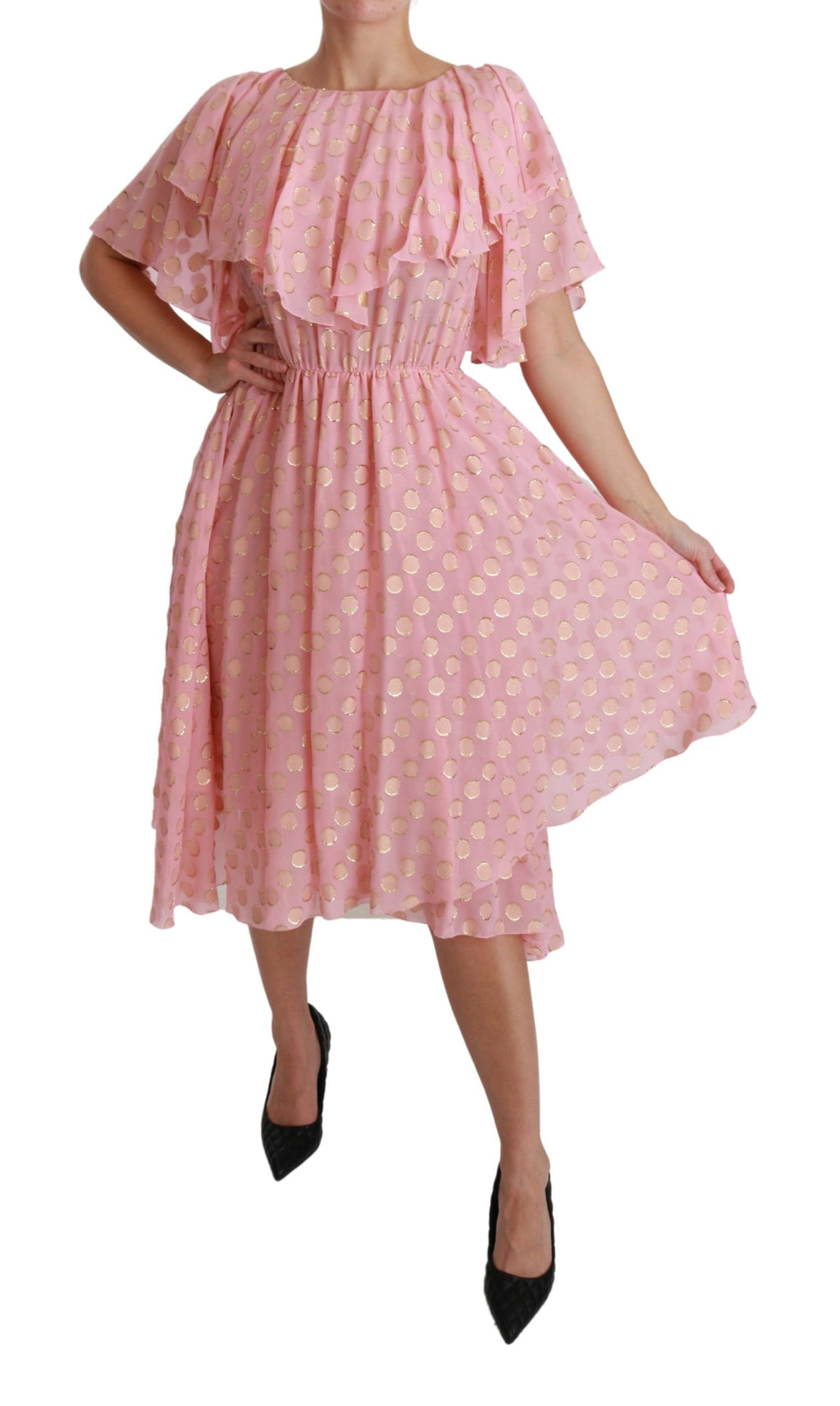 Robe Midi Plissée Évasée en Soie Rose à Pois Dolce & Gabbana