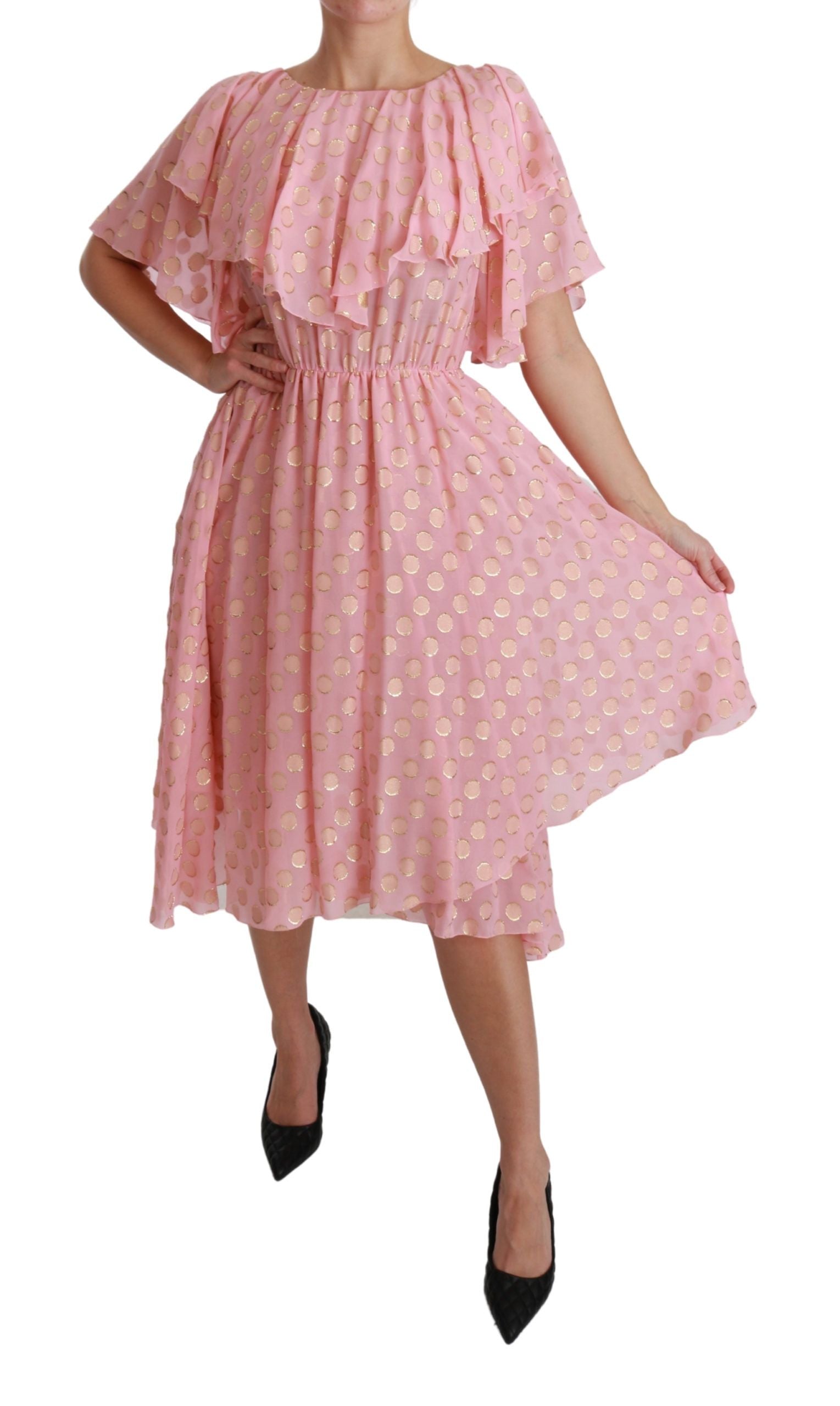 Robe Midi Plissée Évasée en Soie Rose à Pois Dolce & Gabbana