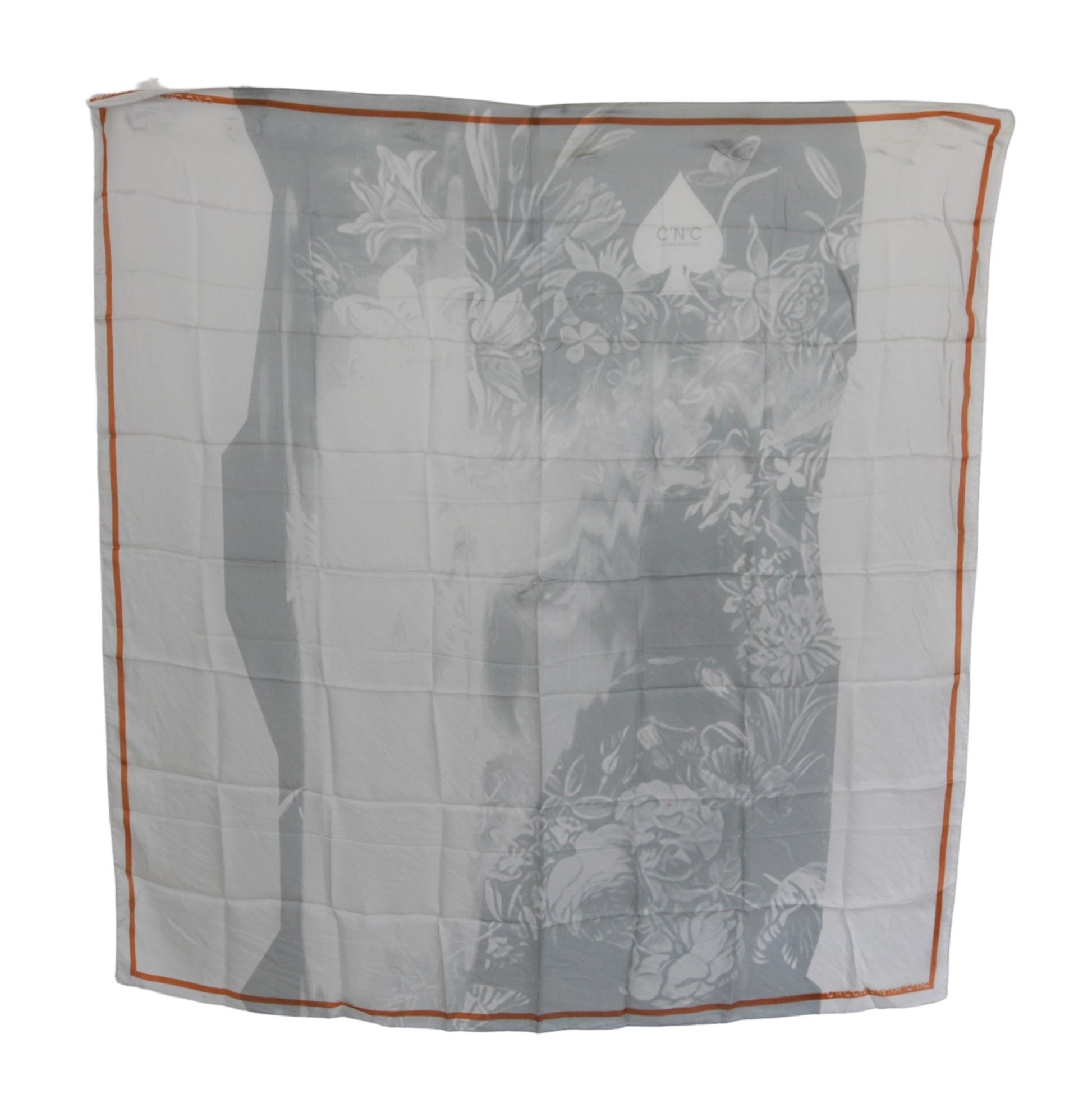 Foulard écharpe portefeuille Costume National gris orange en soie à fleurs