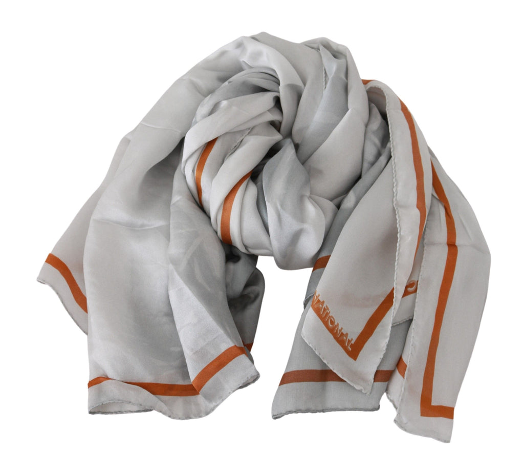 Foulard écharpe portefeuille Costume National gris orange en soie à fleurs
