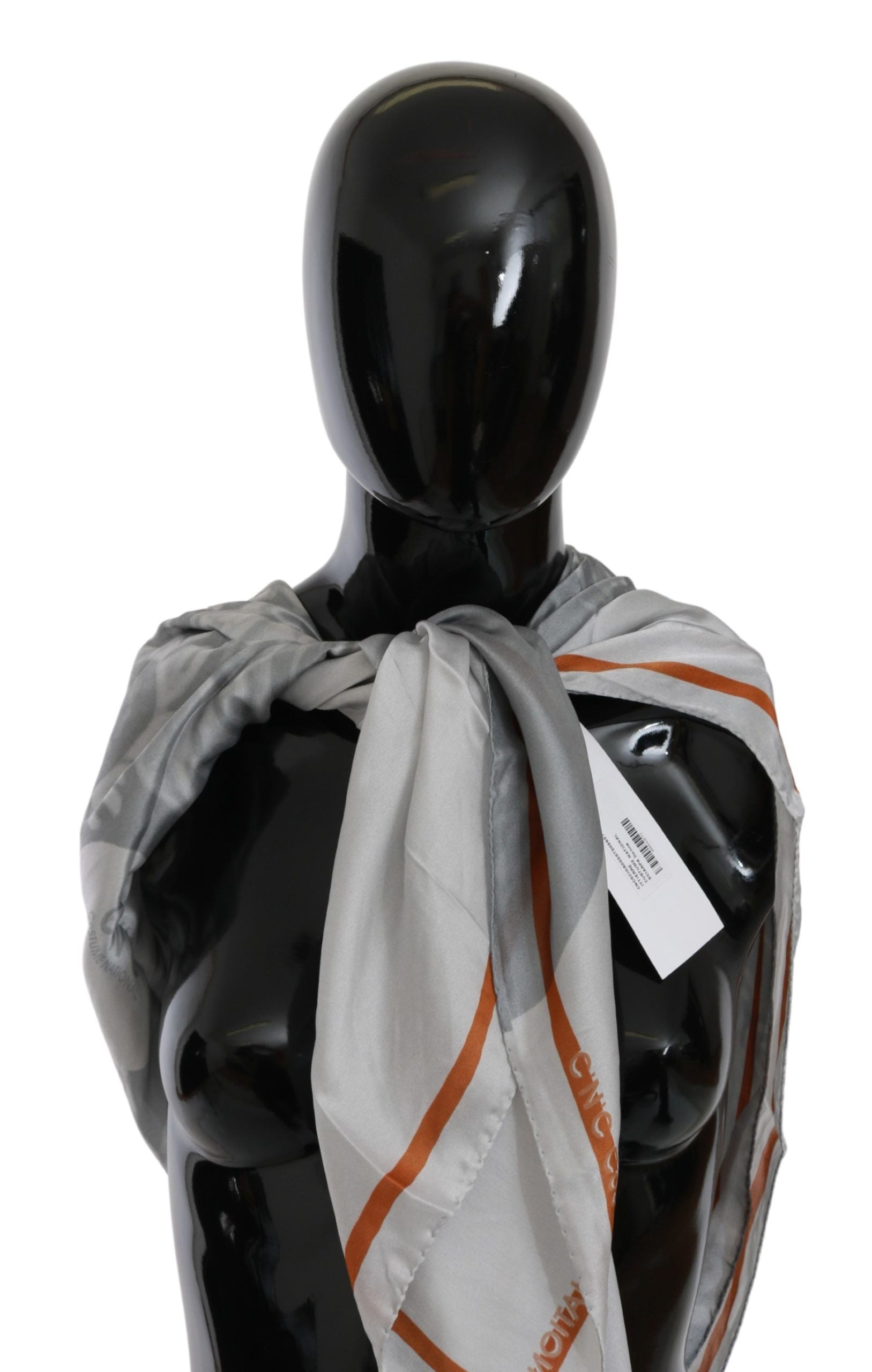 Foulard écharpe portefeuille Costume National gris orange en soie à fleurs