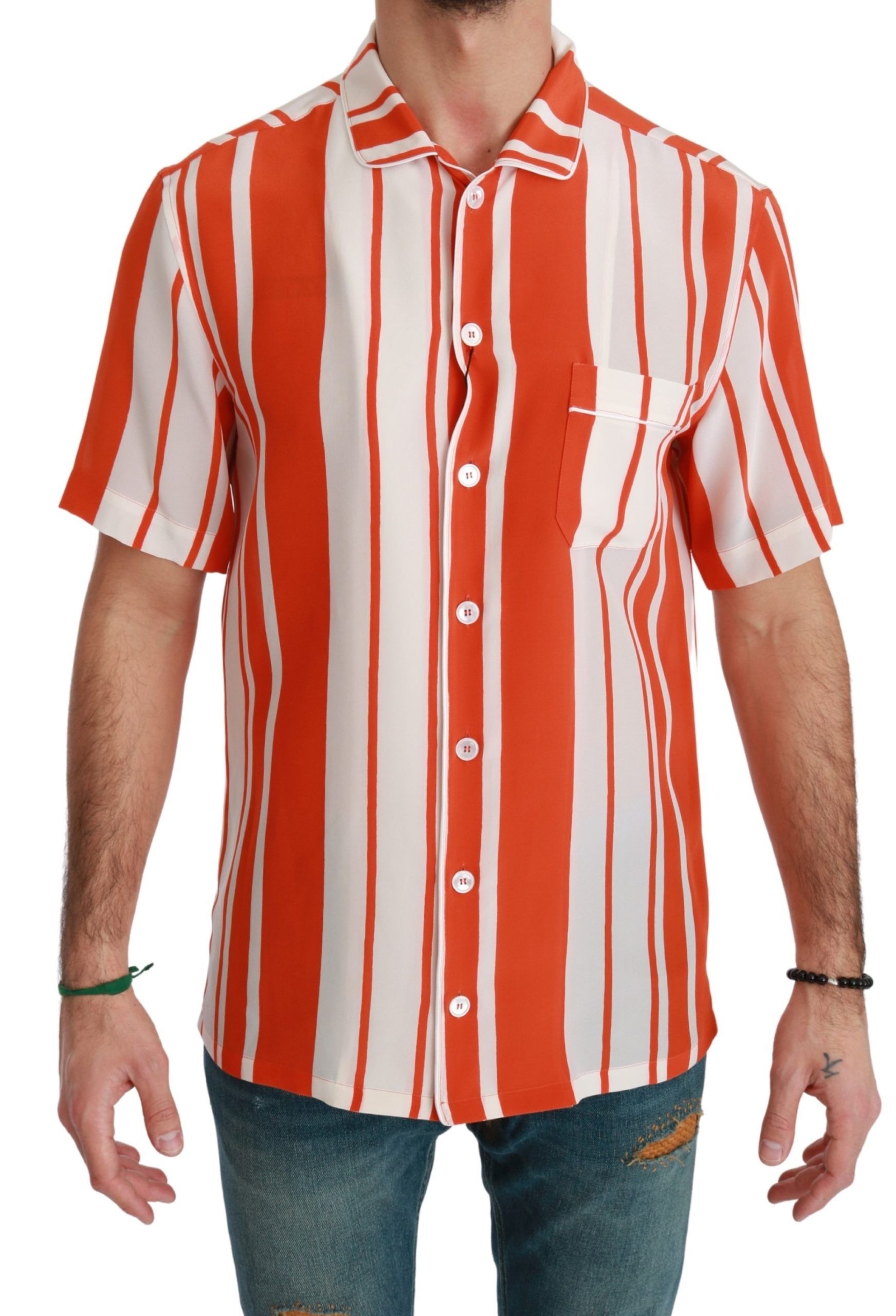 Chemise blanche à rayures Dolce & Gabbana en soie orange à manches courtes