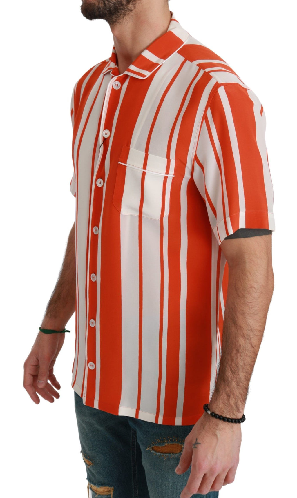 Chemise blanche à rayures Dolce & Gabbana en soie orange à manches courtes