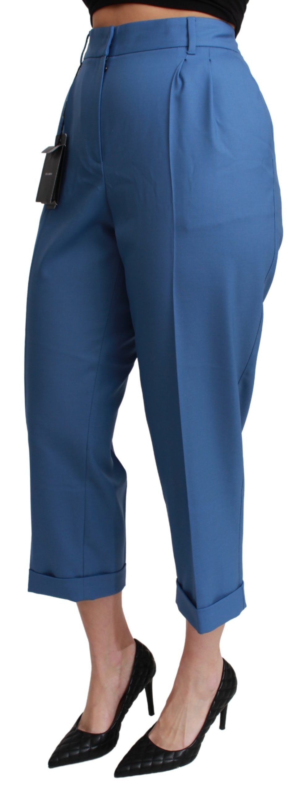 Pantalon plissé en laine, coupe courte, revers, bleu, Dolce & Gabbana