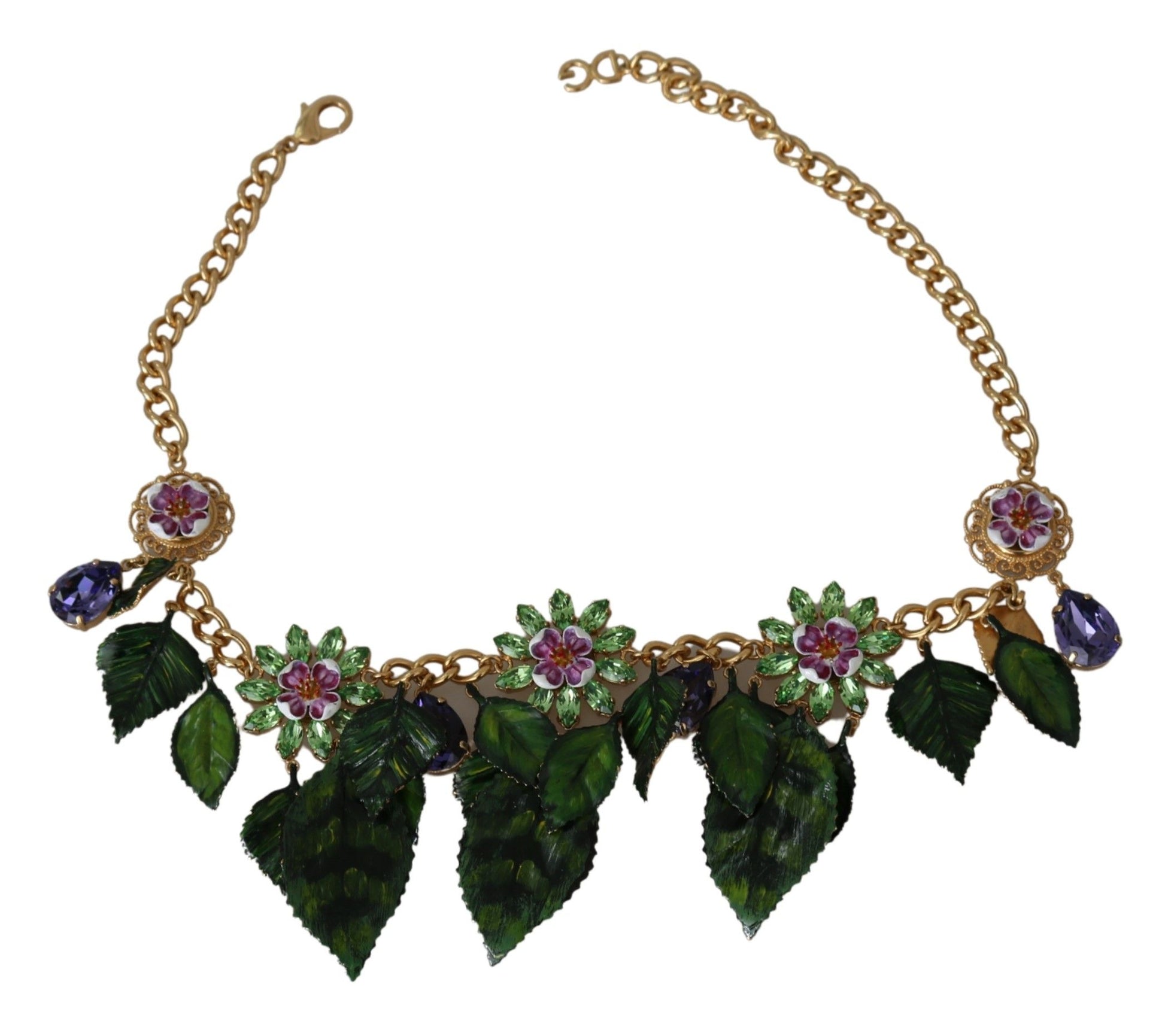 Collier pendentif fleur en cristal en laiton doré à feuilles vertes Dolce & Gabbana