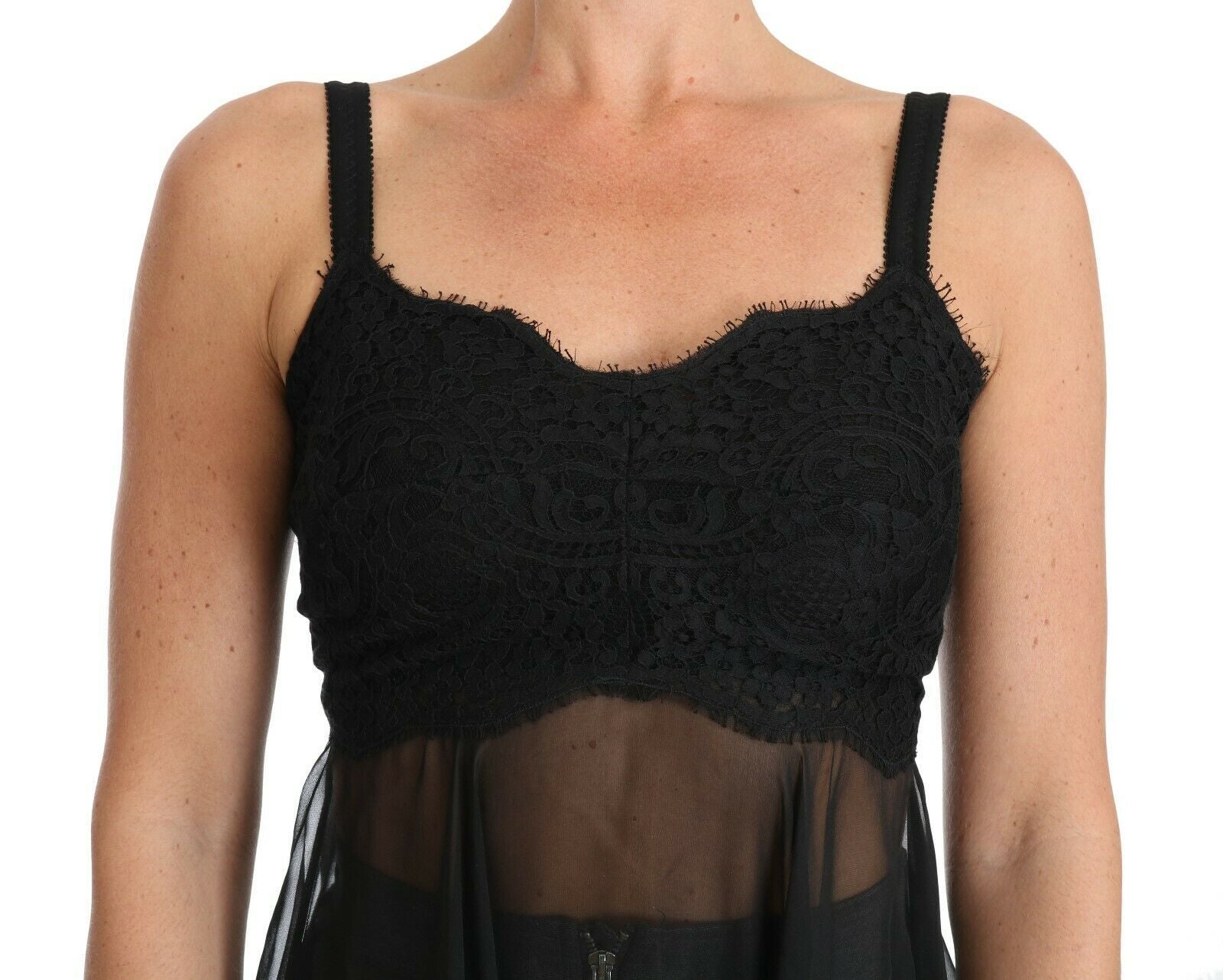 Dolce &amp; Gabbana – Schwarzes Seidenspitzenkleid mit Chemise