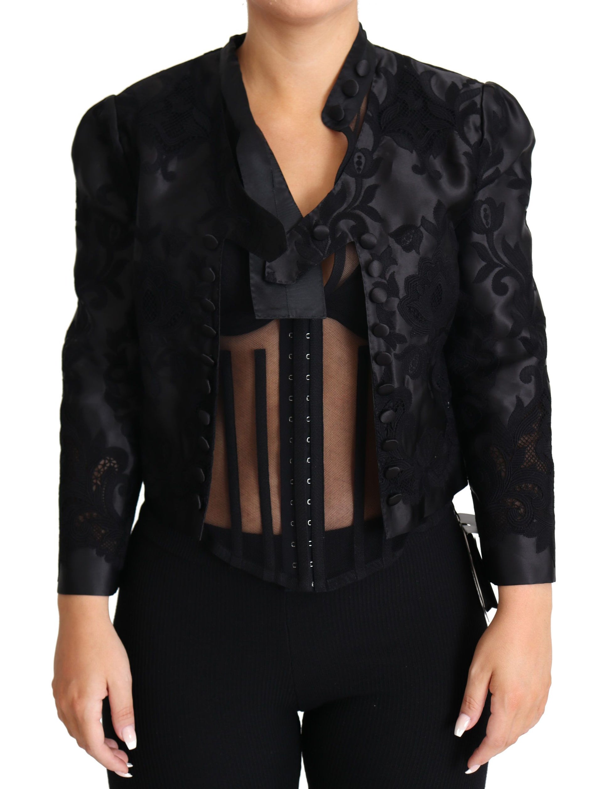 Veste en soie d'organza transparente à corset en dentelle noire Dolce & Gabbana