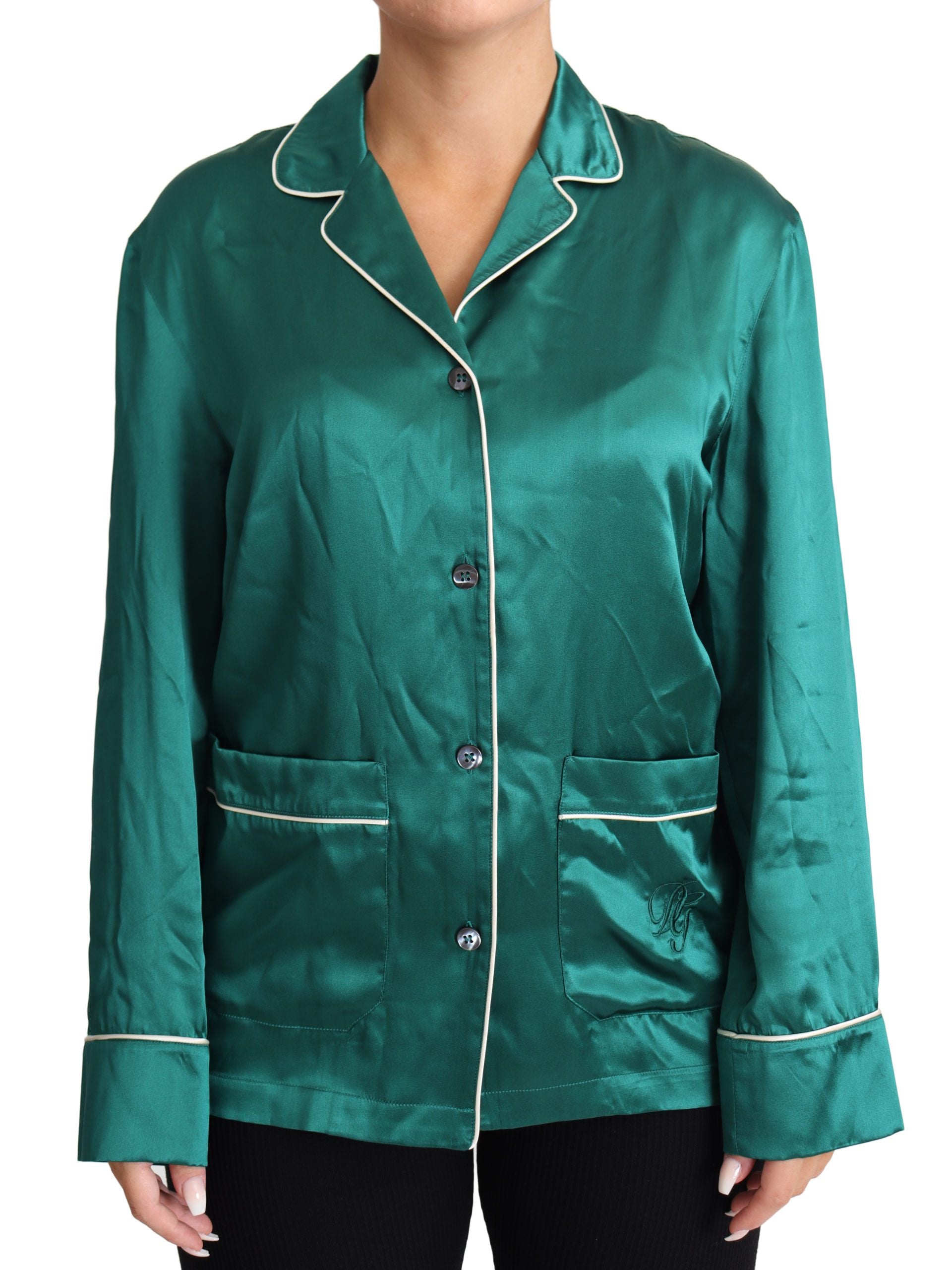 Chemisier de pyjama Dolce & Gabbana vert, en soie, haut de vêtement de nuit.