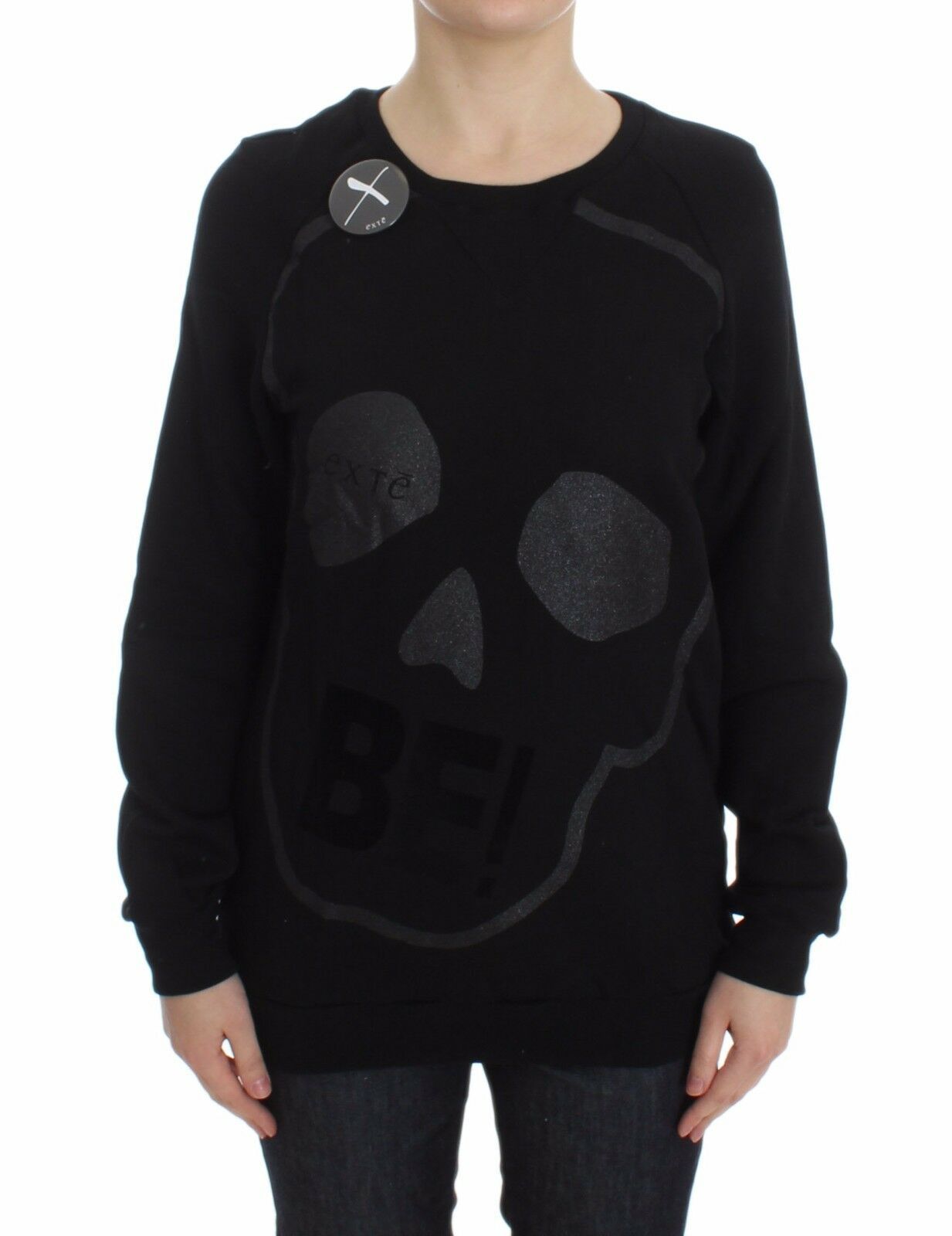 Exte Schwarzer Pullover mit Rundhalsausschnitt aus Baumwolle mit Motivdruck