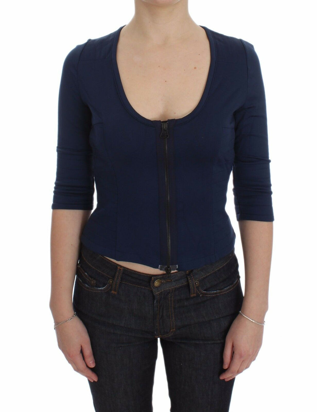 Exte Blauer Baumwollpullover mit Reißverschluss und tiefem Rundhalsausschnitt