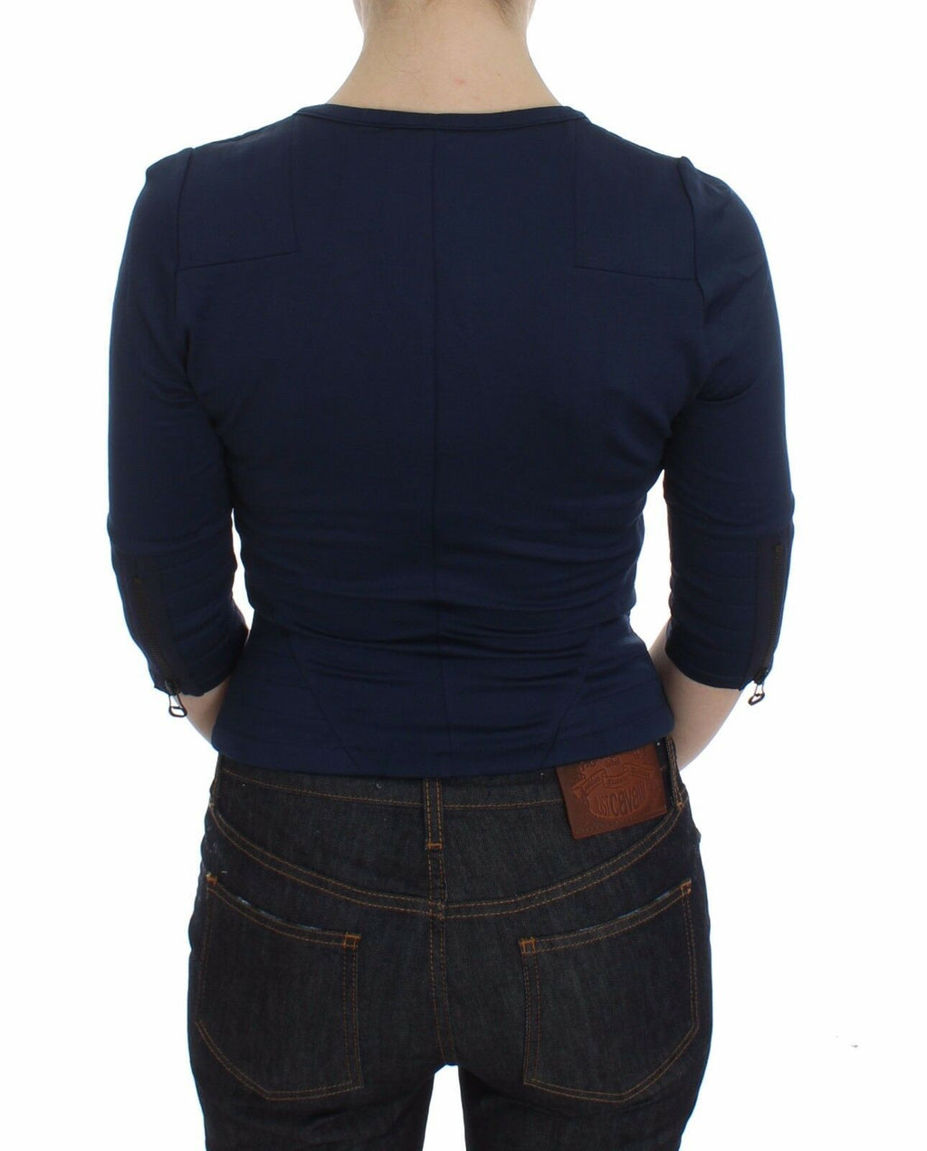 Exte Blauer Baumwollpullover mit Reißverschluss und tiefem Rundhalsausschnitt