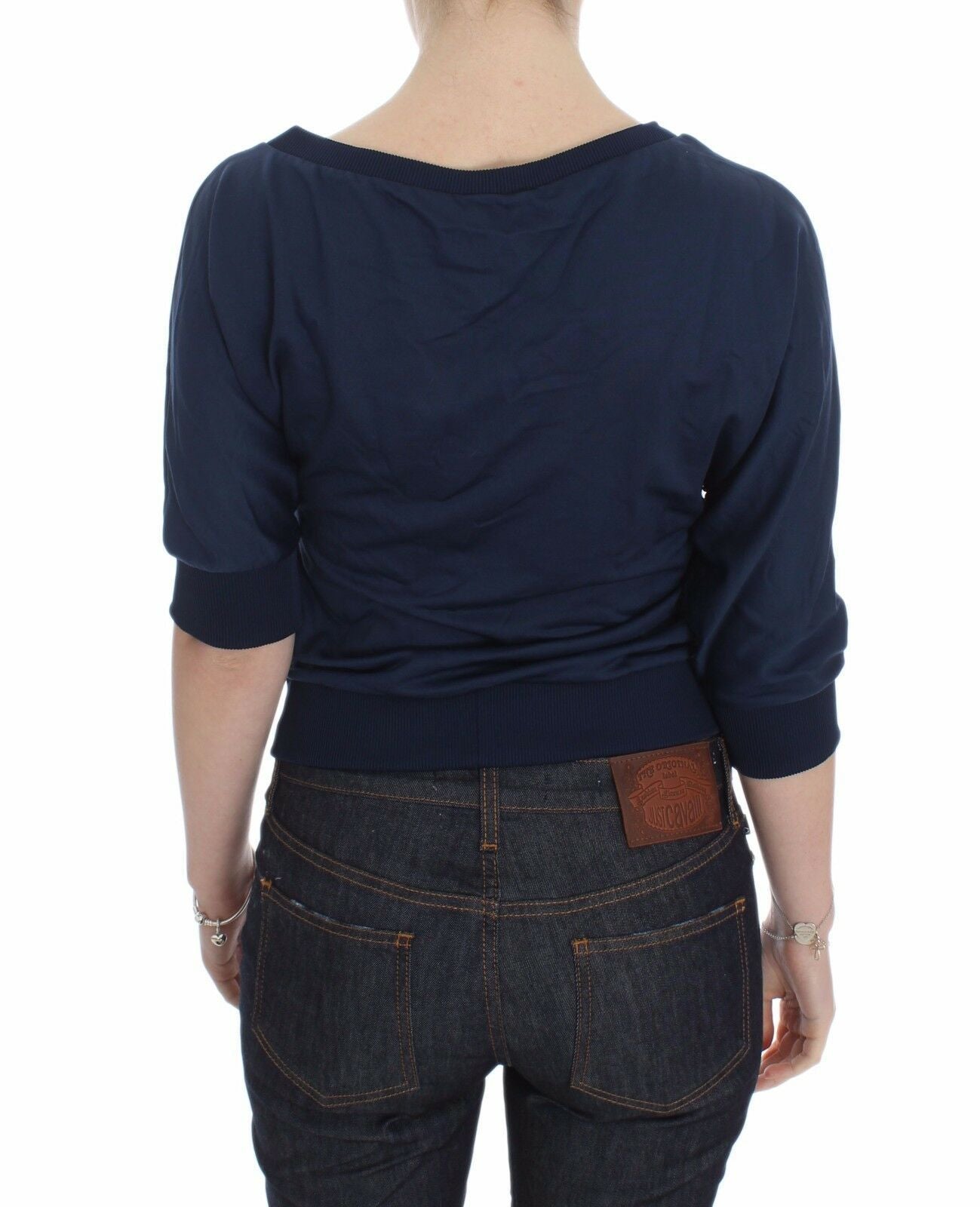 Exte Blue Cotton Top Pullover Tiefer V-Ausschnitt Damenpullover