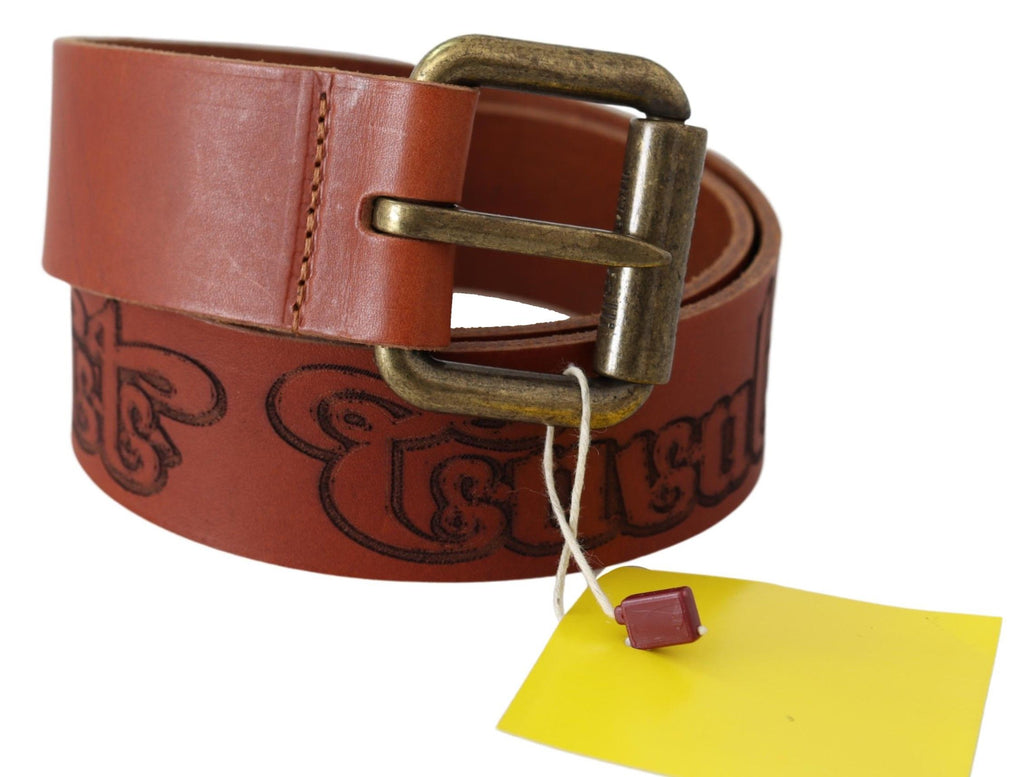 Ceinture Just Cavalli en Cuir Marron avec Boucle en Métal Bronze Rustique Ornée du Logo