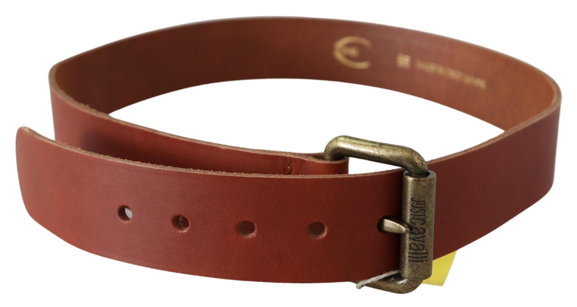 Ceinture Just Cavalli en Cuir Marron avec Boucle en Métal Bronze Rustique Ornée du Logo