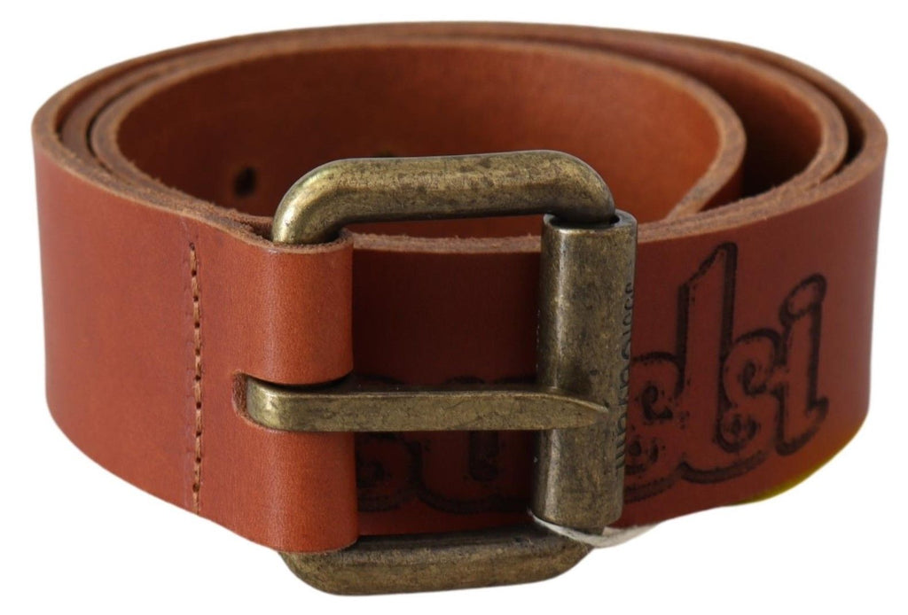 Ceinture Just Cavalli en Cuir Marron avec Boucle en Métal Bronze Rustique Ornée du Logo