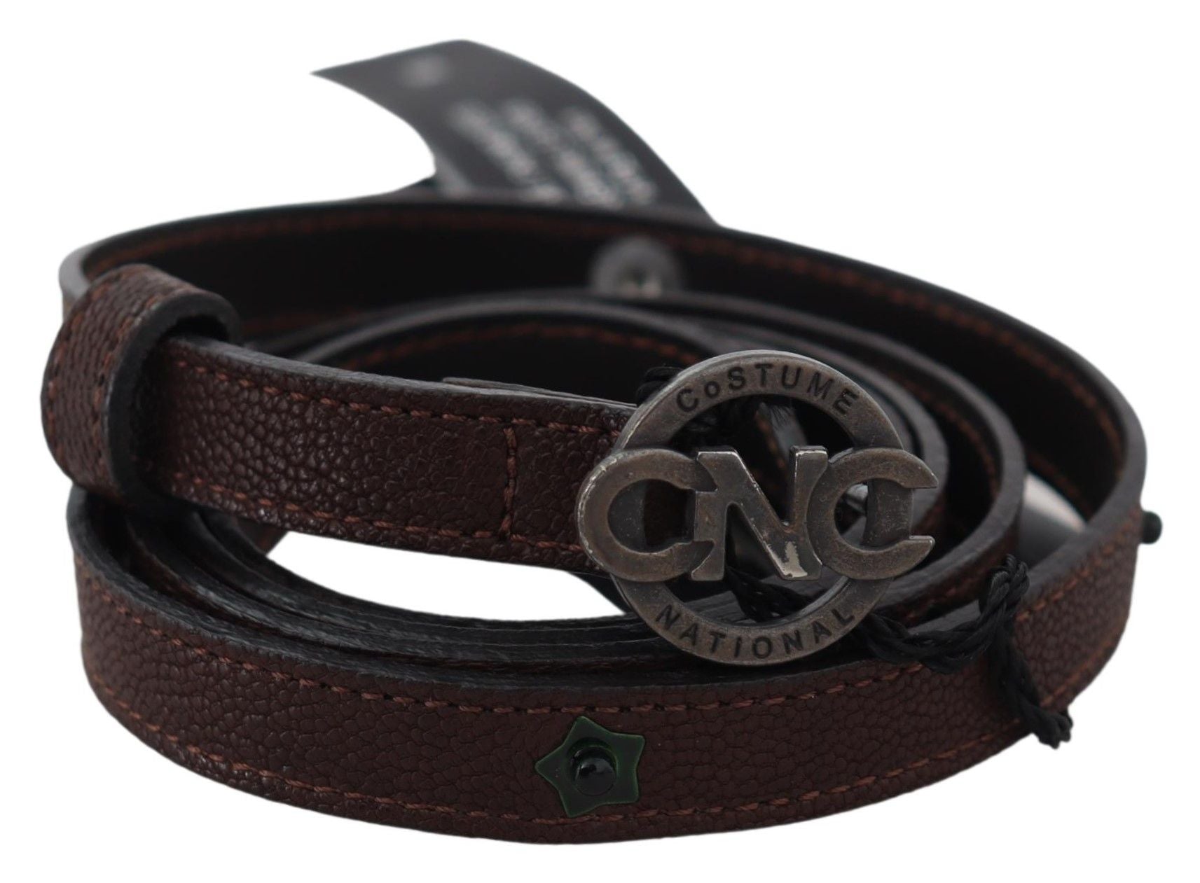 Costume National Ceinture Marron en Cuir Skinny à Boucle Ronde Logo