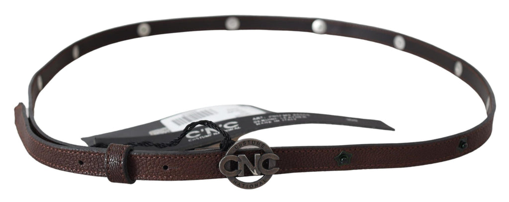 Costume National Ceinture Marron en Cuir Skinny à Boucle Ronde Logo