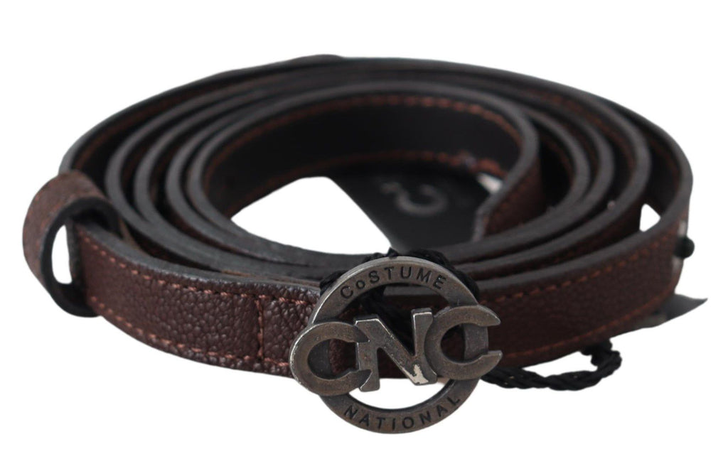 Costume National Ceinture Marron en Cuir Skinny à Boucle Ronde Logo