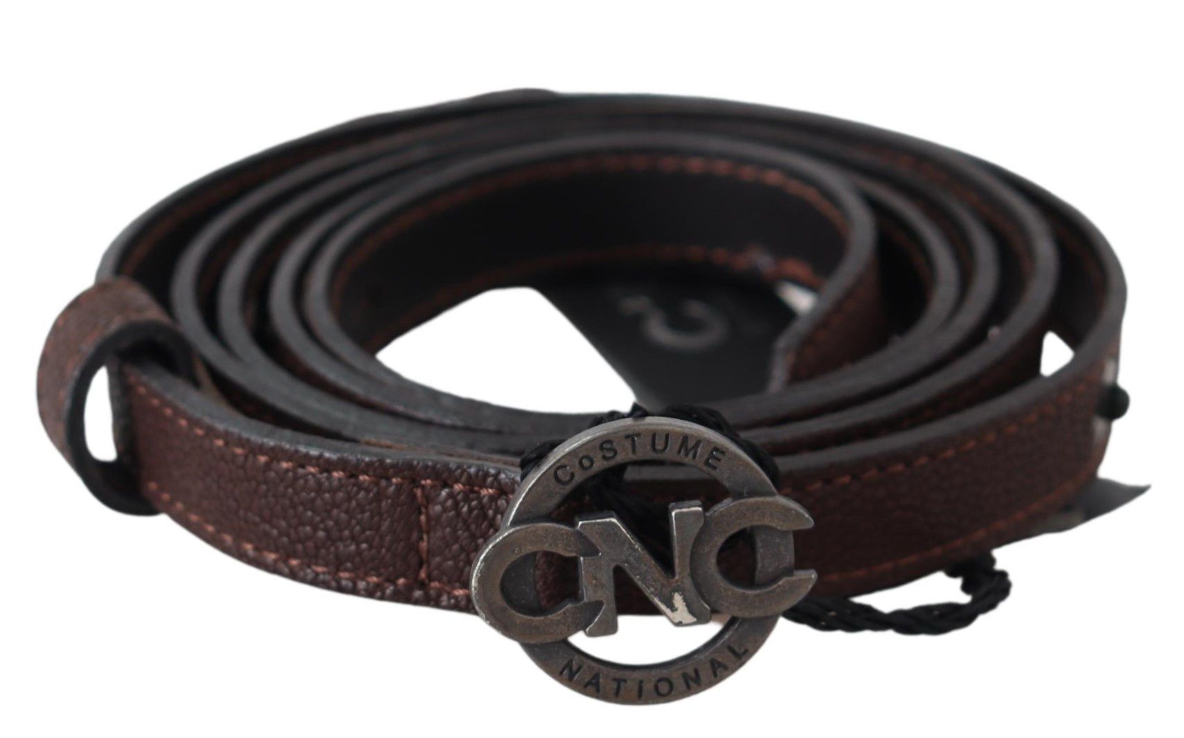 Costume National Ceinture Marron en Cuir Skinny à Boucle Ronde Logo