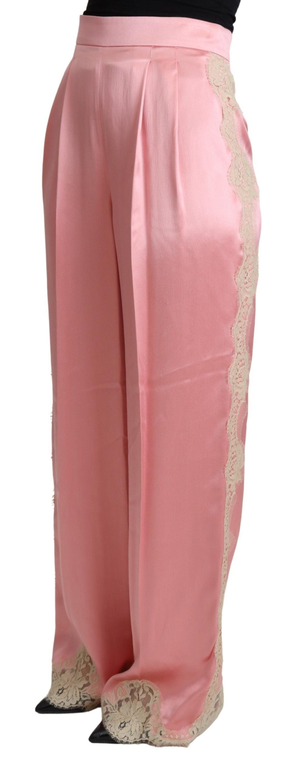 Pantalon ample en satin de soie rose Dolce & Gabbana avec dentelle