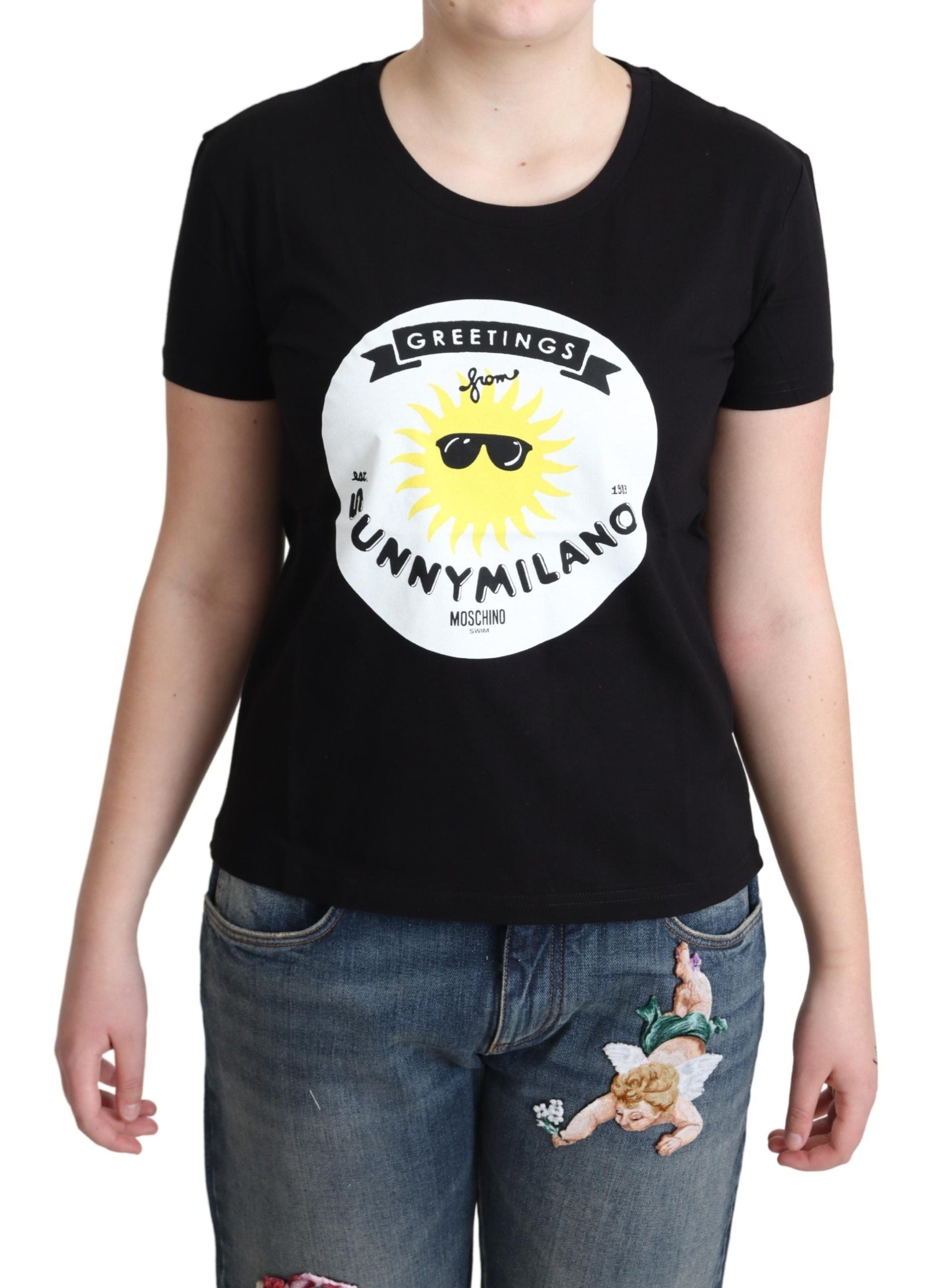 Moschino – Schwarzes Baumwoll-T-Shirt mit Sunny Milano-Print