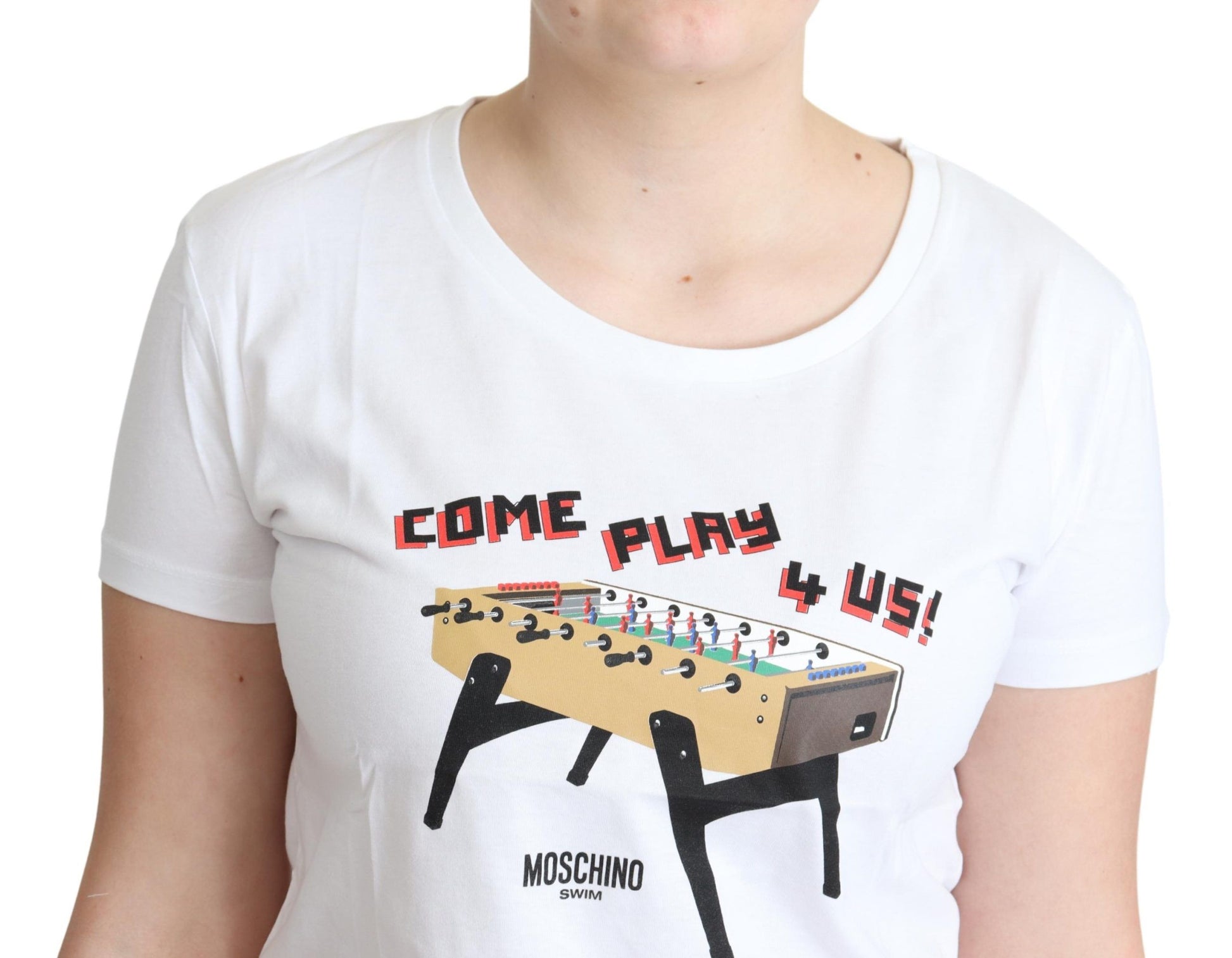 T-shirt Moschino blanc en coton avec imprimé « Come Play 4 Us »
