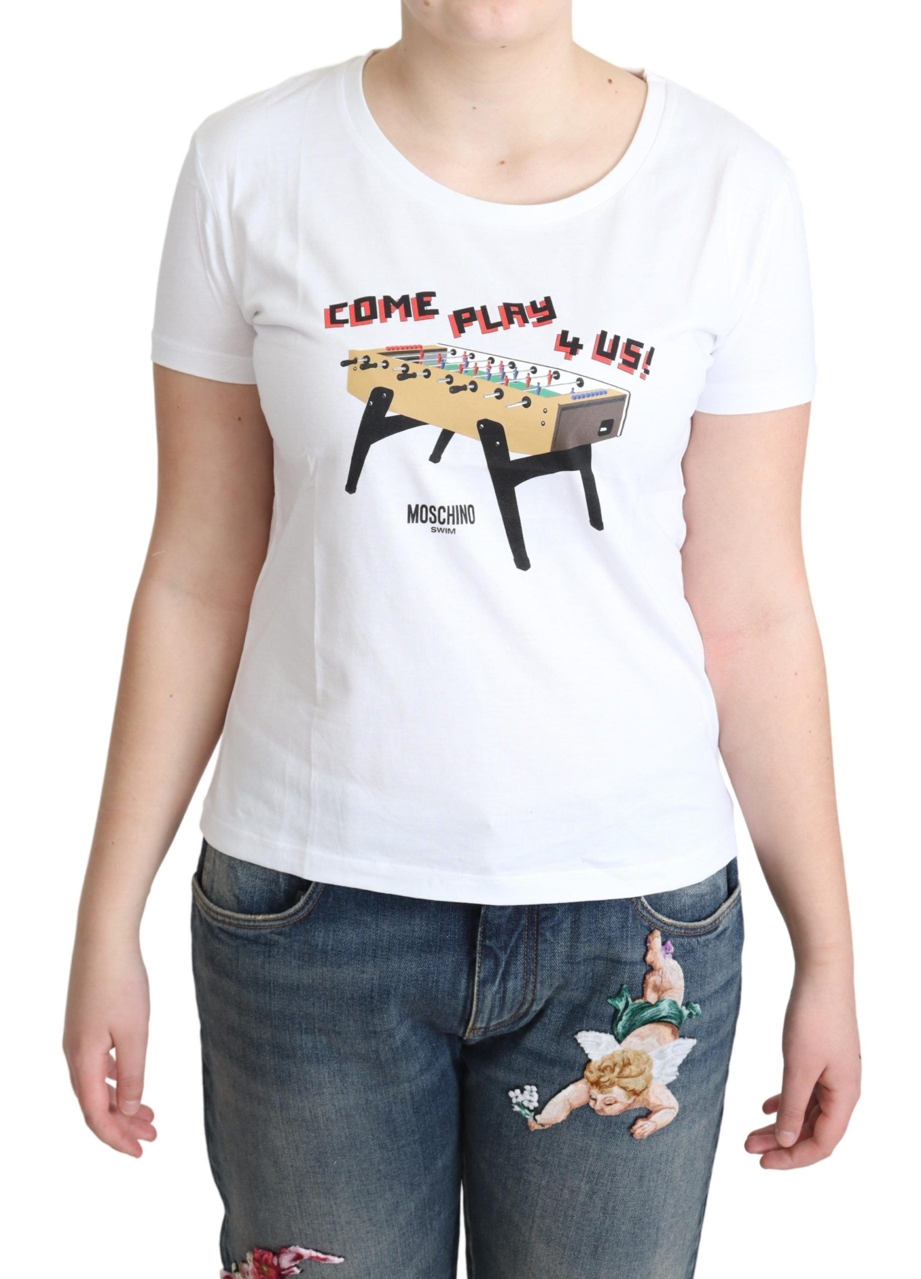 T-shirt Moschino blanc en coton avec imprimé « Come Play 4 Us »