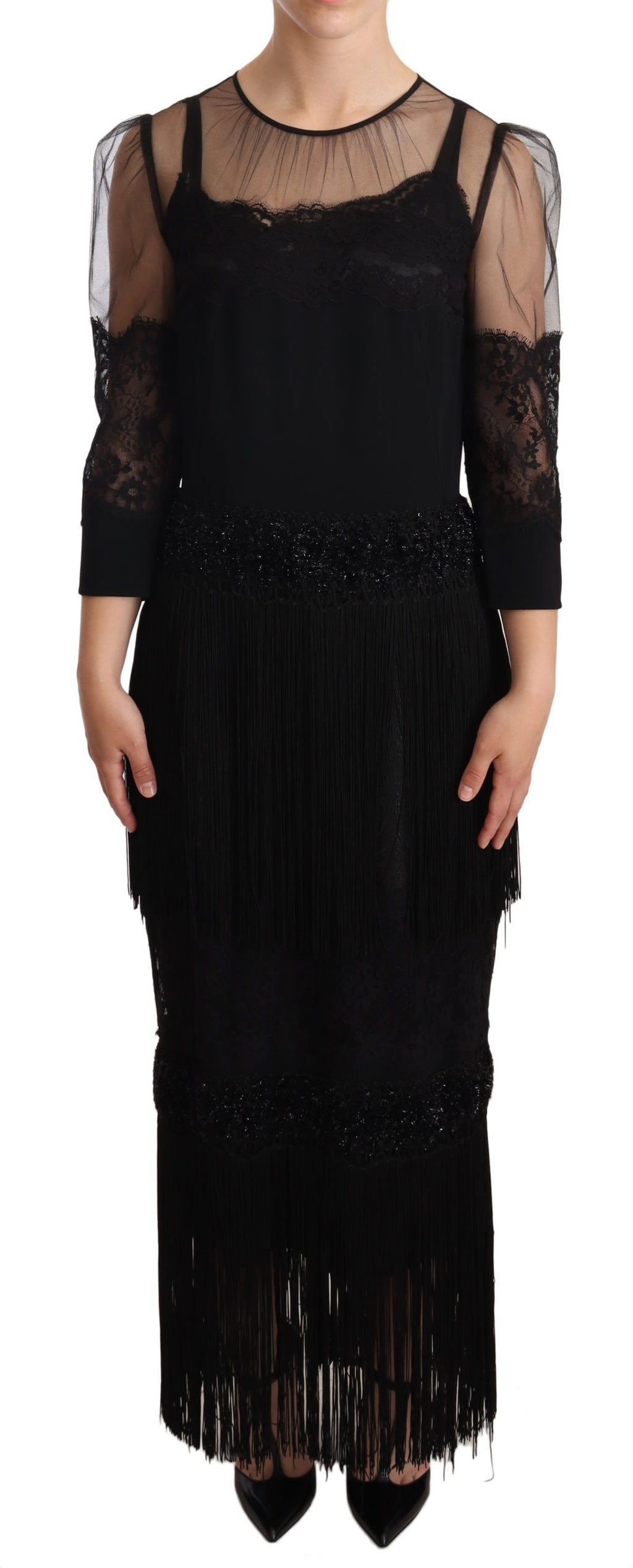 Robe longue Dolce & Gabbana noire en dentelle florale transparente et cristaux