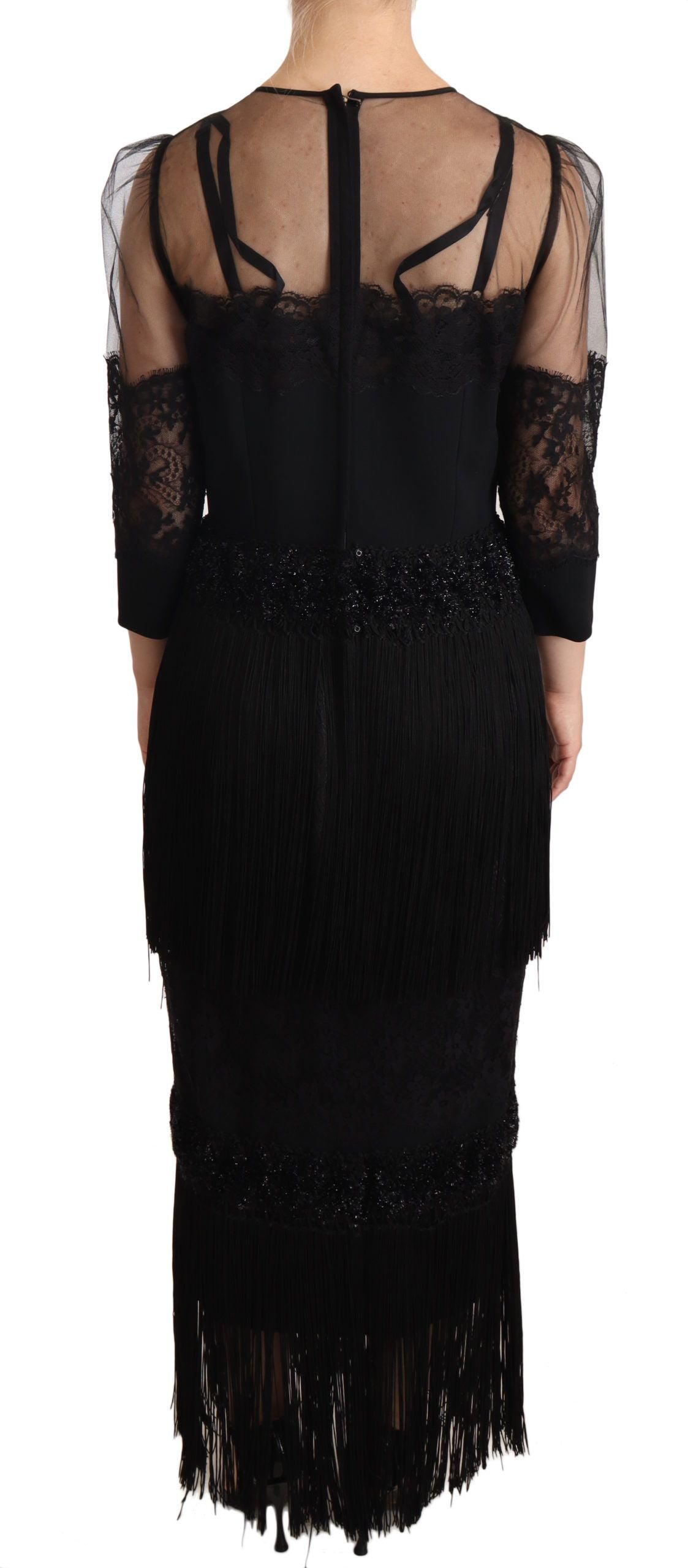 Robe longue Dolce & Gabbana noire en dentelle florale transparente et cristaux