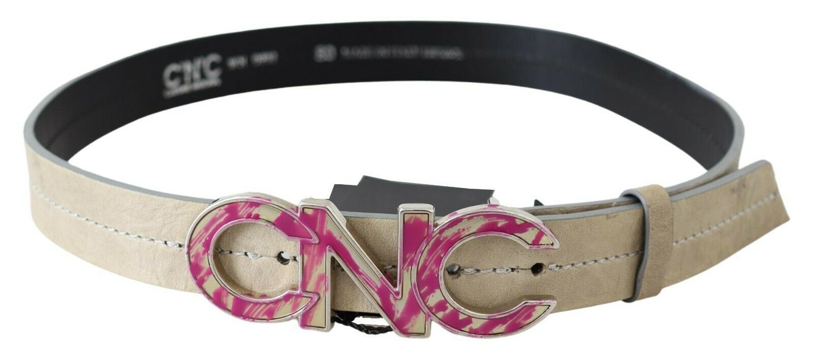 Costume National Ceinture en Cuir Beige à Boucle Logo Rose