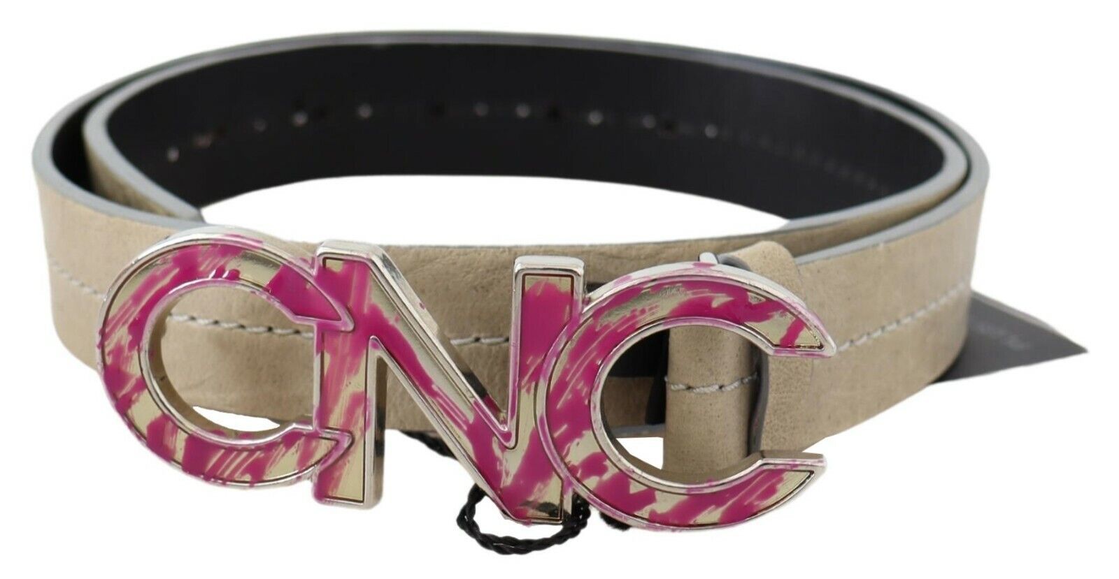 Costume National Ceinture en Cuir Beige à Boucle Logo Rose