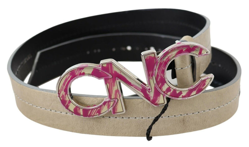 Costume National Ceinture en Cuir Beige à Boucle Logo Rose