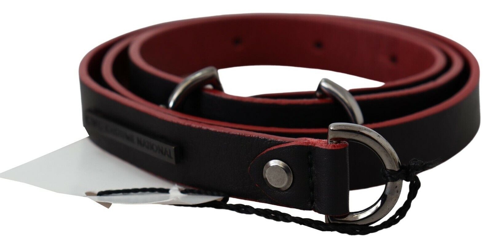 Ceinture étroite en cuir noir et rouge avec logo Costume National