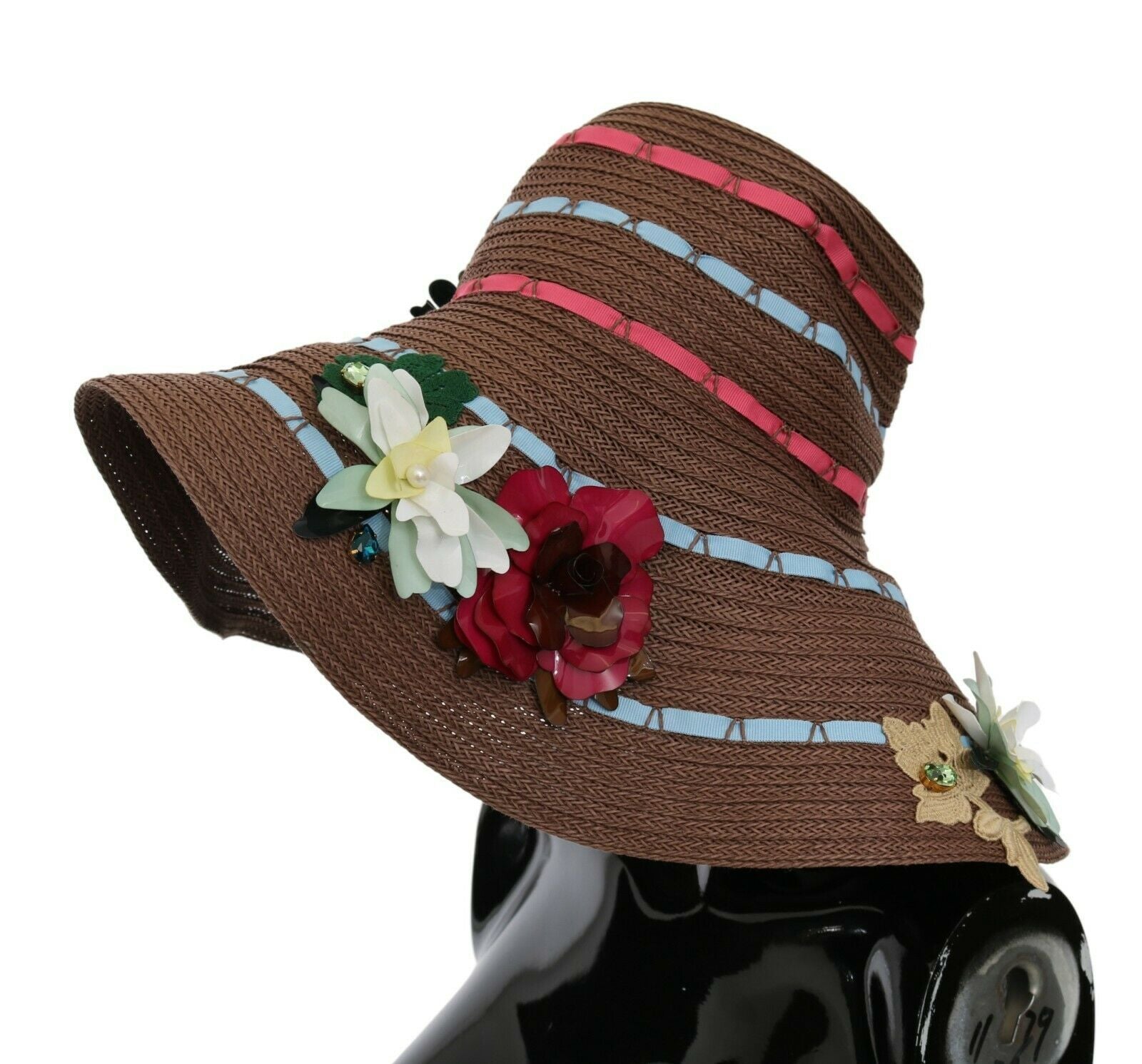 Chapeau en paille tricotée marron à fleurs Dolce & Gabbana