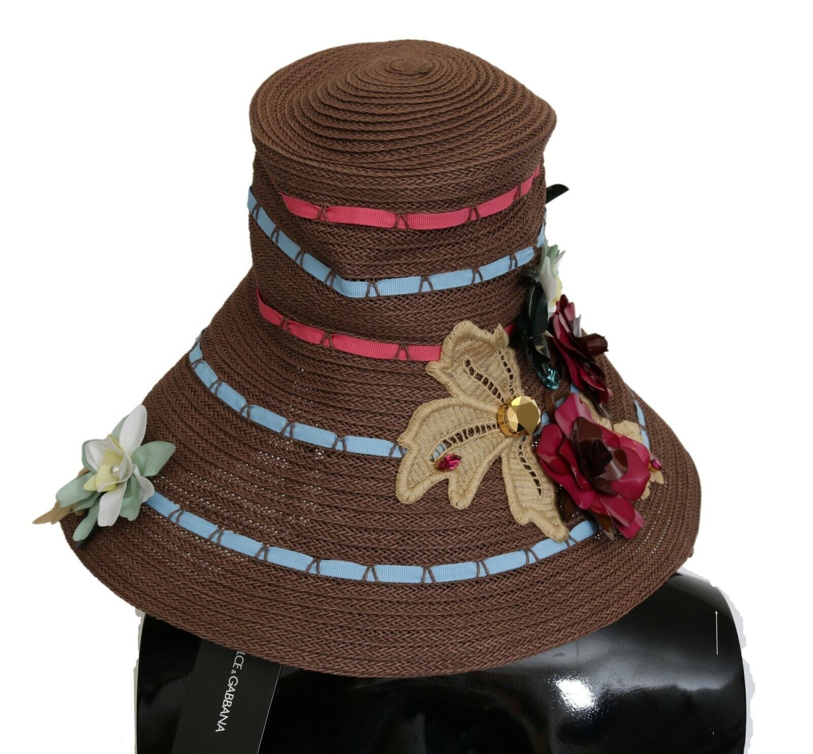 Chapeau en paille tricotée marron à fleurs Dolce & Gabbana