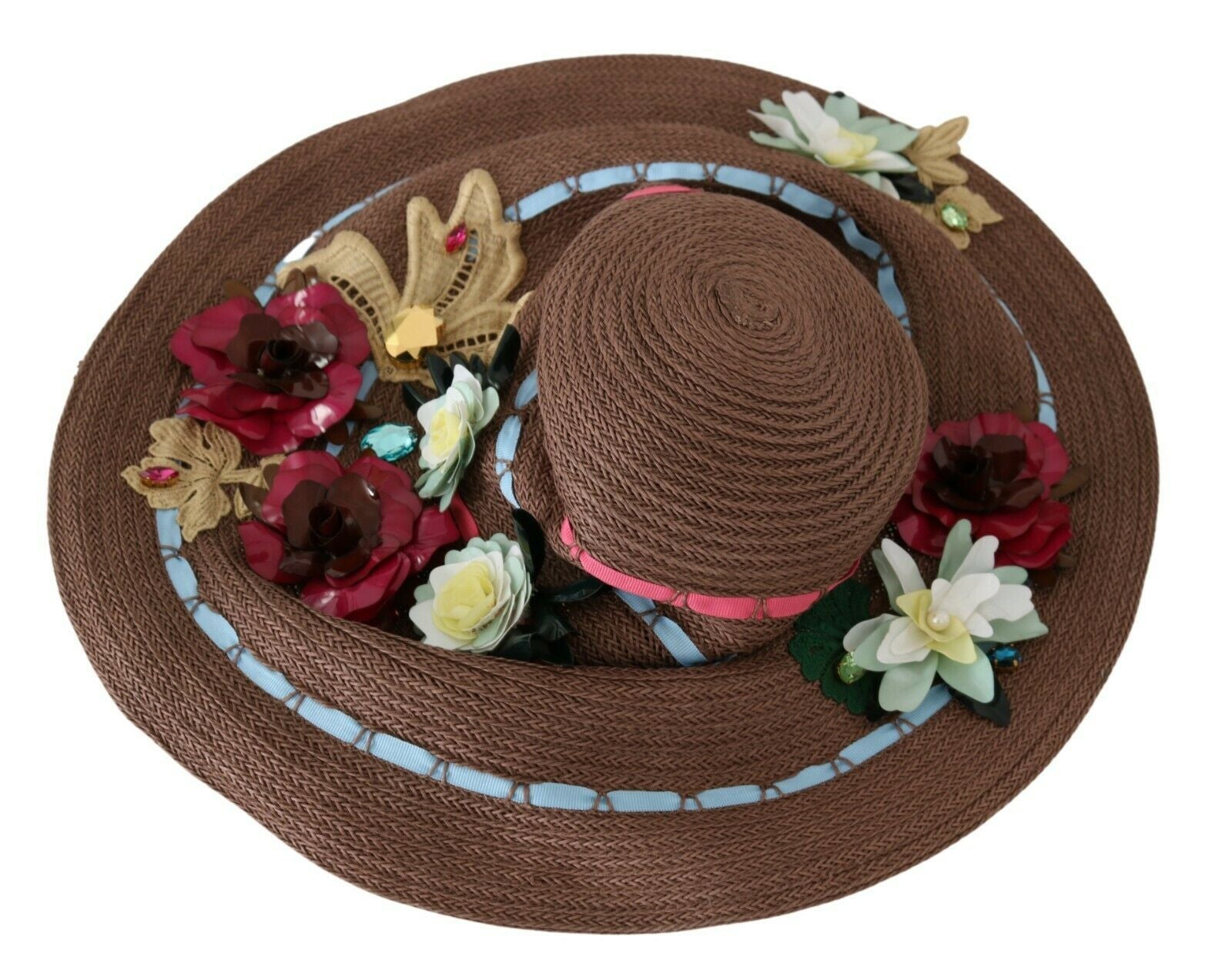 Chapeau en paille tricotée marron à fleurs Dolce & Gabbana