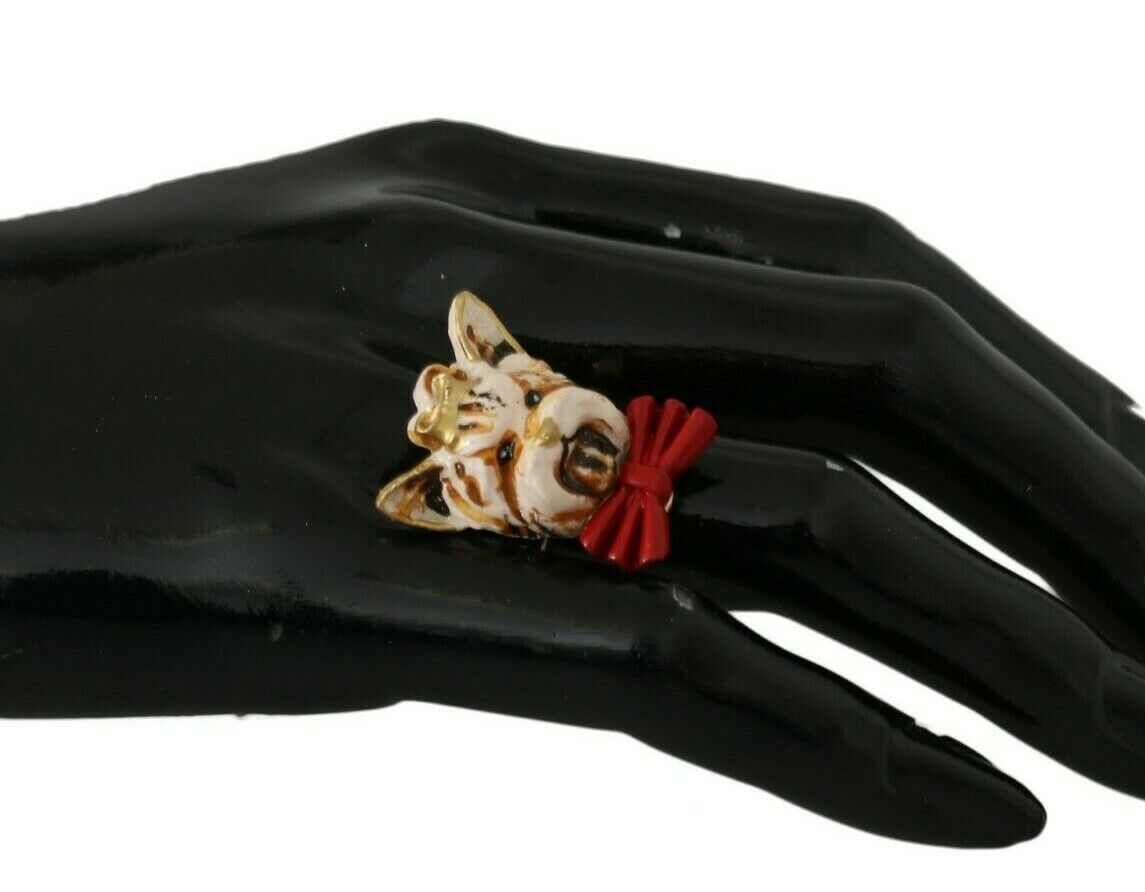 Dolce &amp; Gabbana Gold Messing Harz Beige Hund Haustier Marke Accessoire Ring