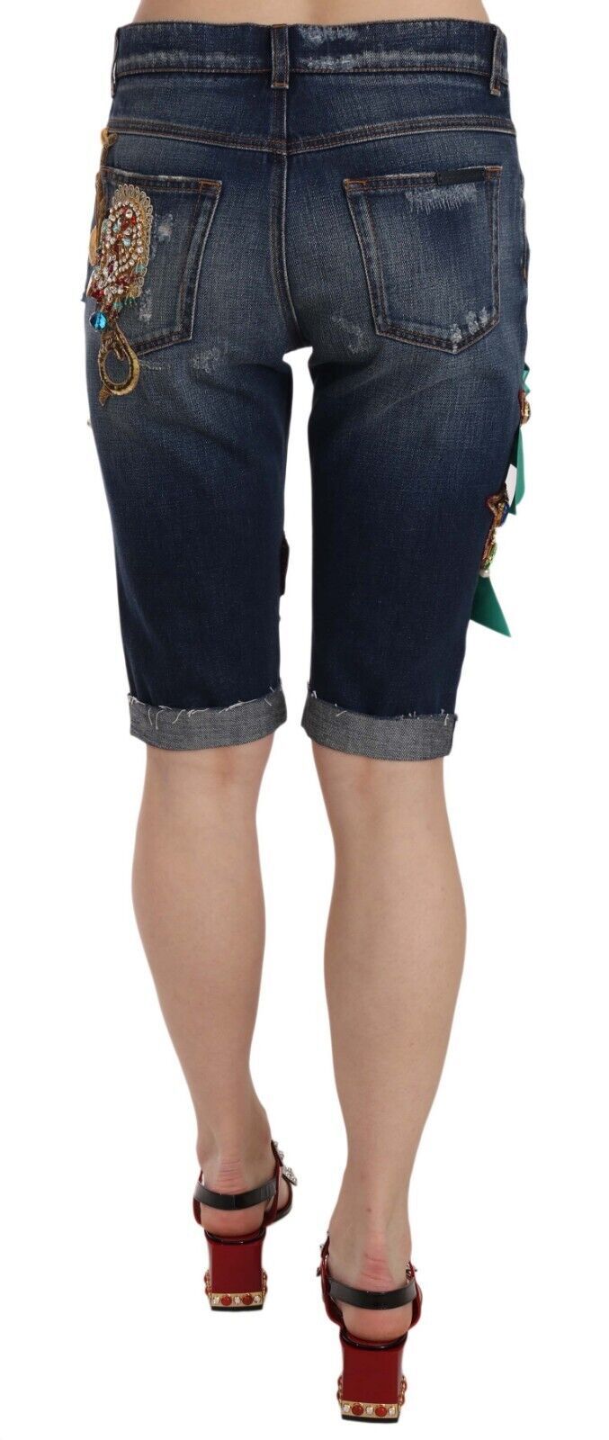 Short Capri mi-taille en jean bleu à cristaux Dolce & Gabbana