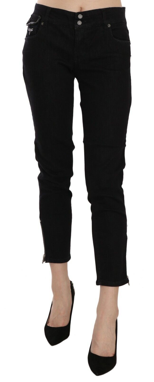 Pantalon en jean décontracté John Galliano noir taille mi-haute coupe courte ourlet brut