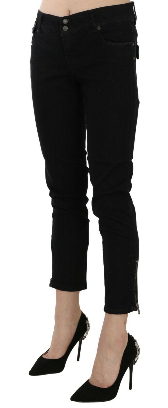 Pantalon en jean décontracté John Galliano noir taille mi-haute coupe courte ourlet brut