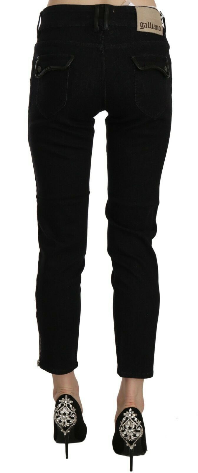Pantalon en jean décontracté John Galliano noir taille mi-haute coupe courte ourlet brut
