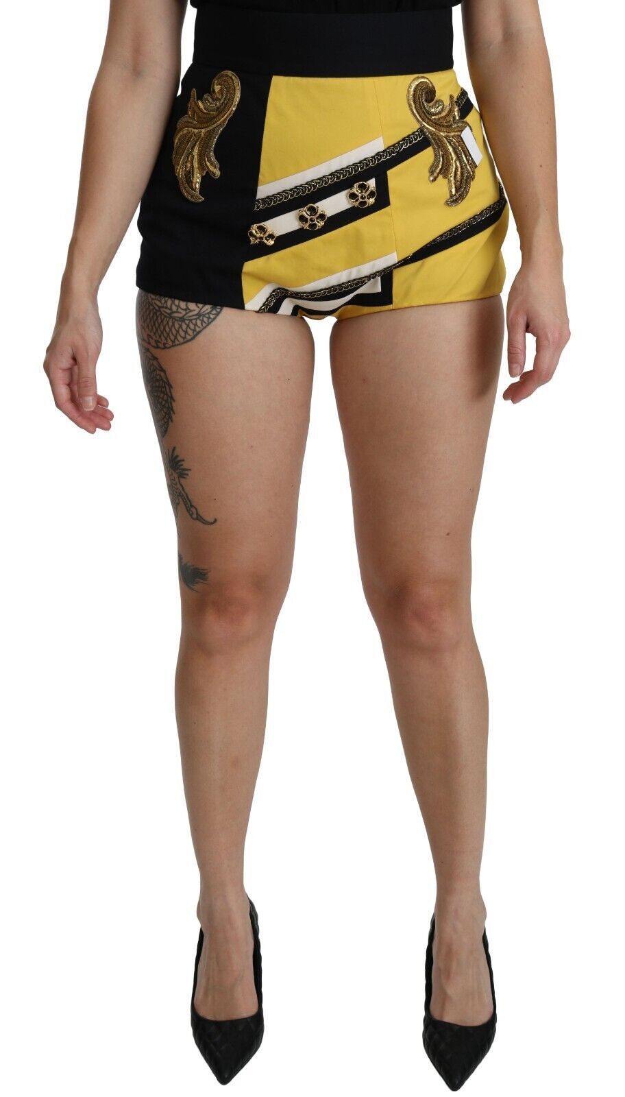 Short en coton jaune et noir orné de bijoux Dolce & Gabbana